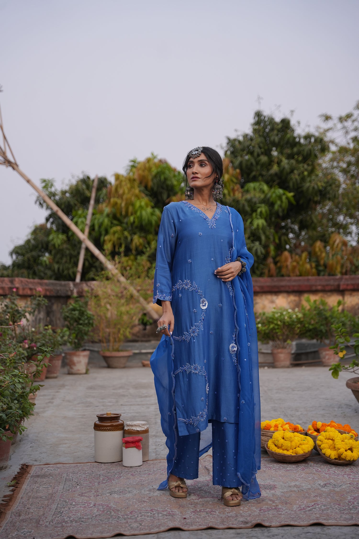 Hafsa Royal Blue Silk Chanderi Kurta Set