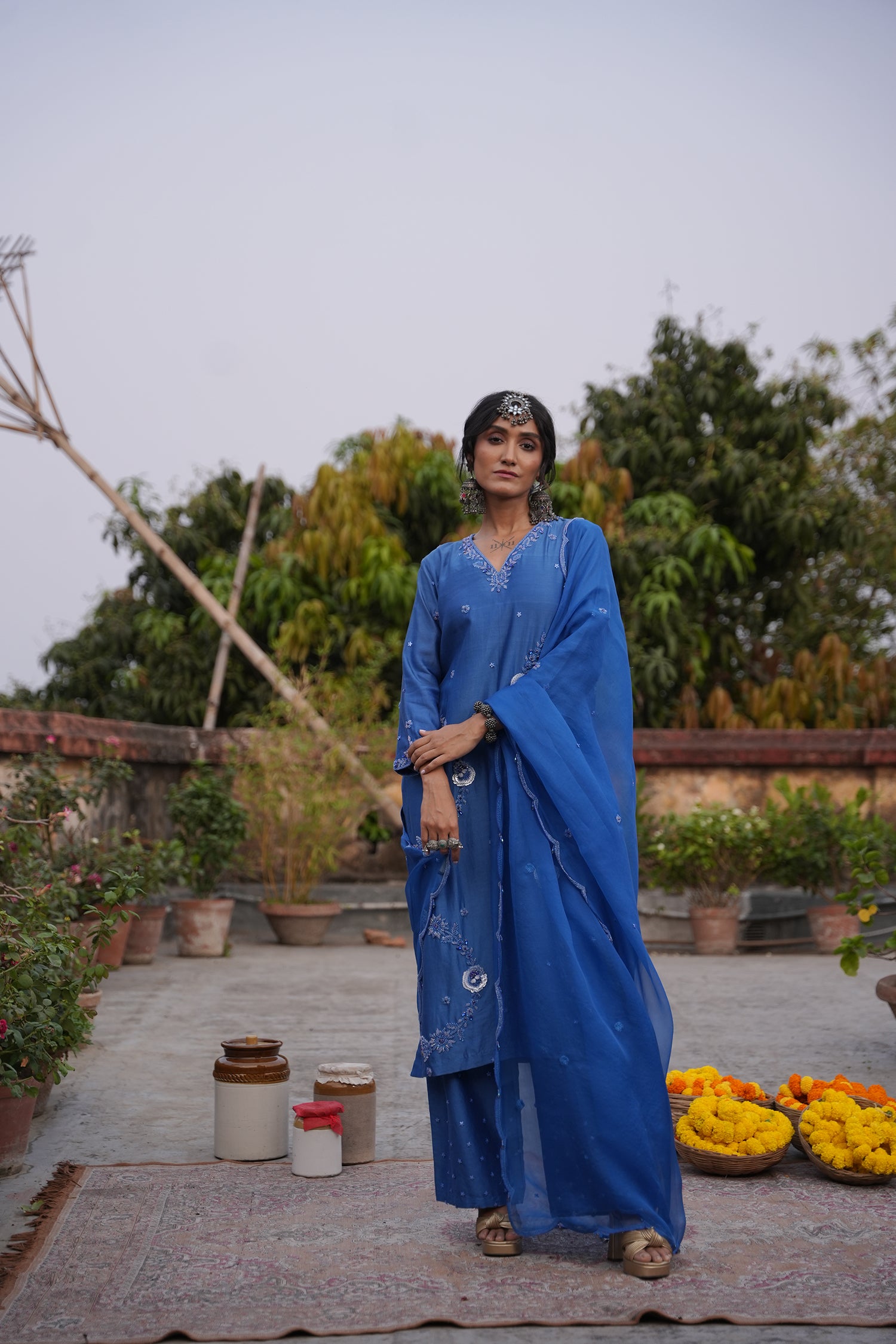 Hafsa Royal Blue Silk Chanderi Kurta Set
