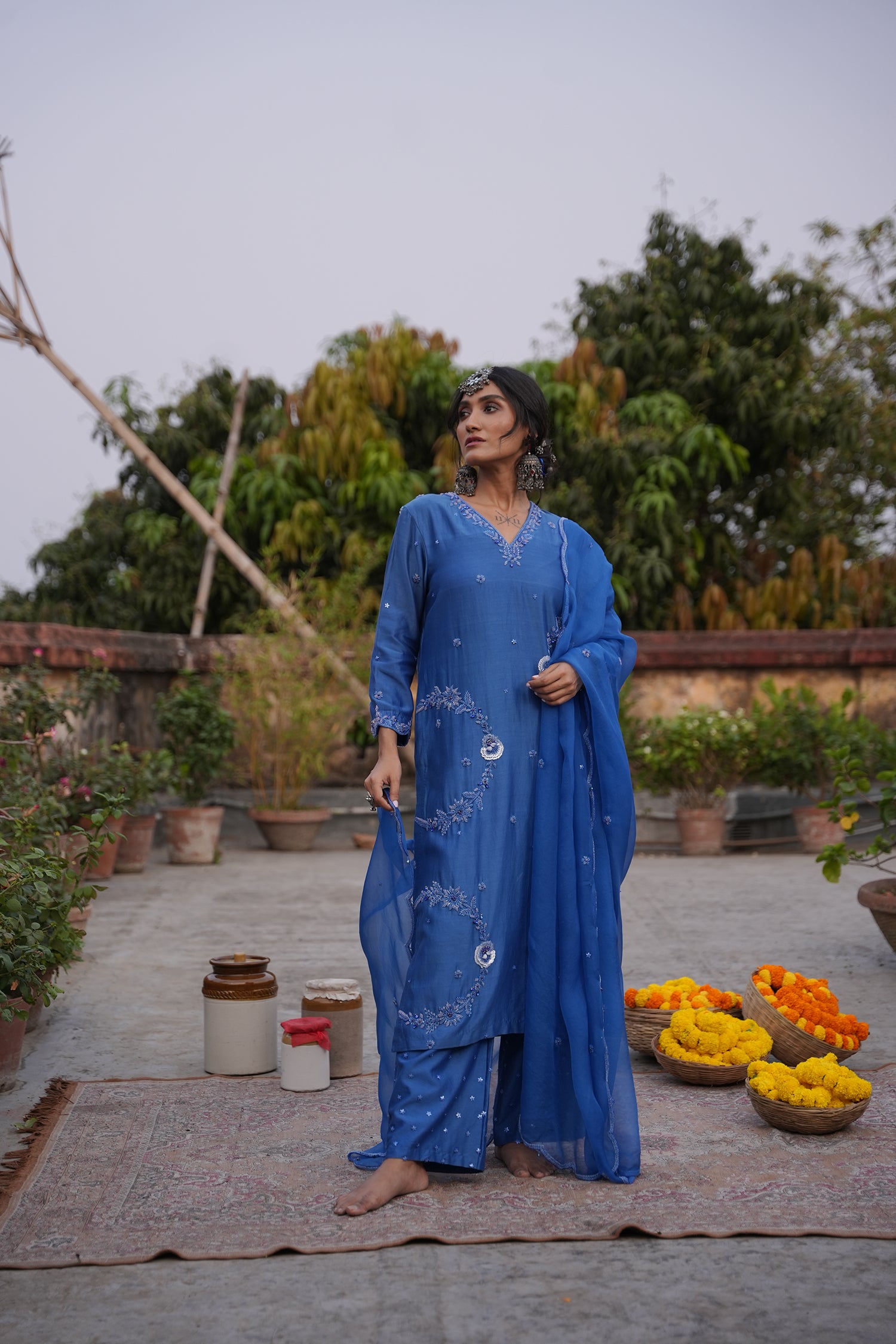 Hafsa Royal Blue Silk Chanderi Kurta Set