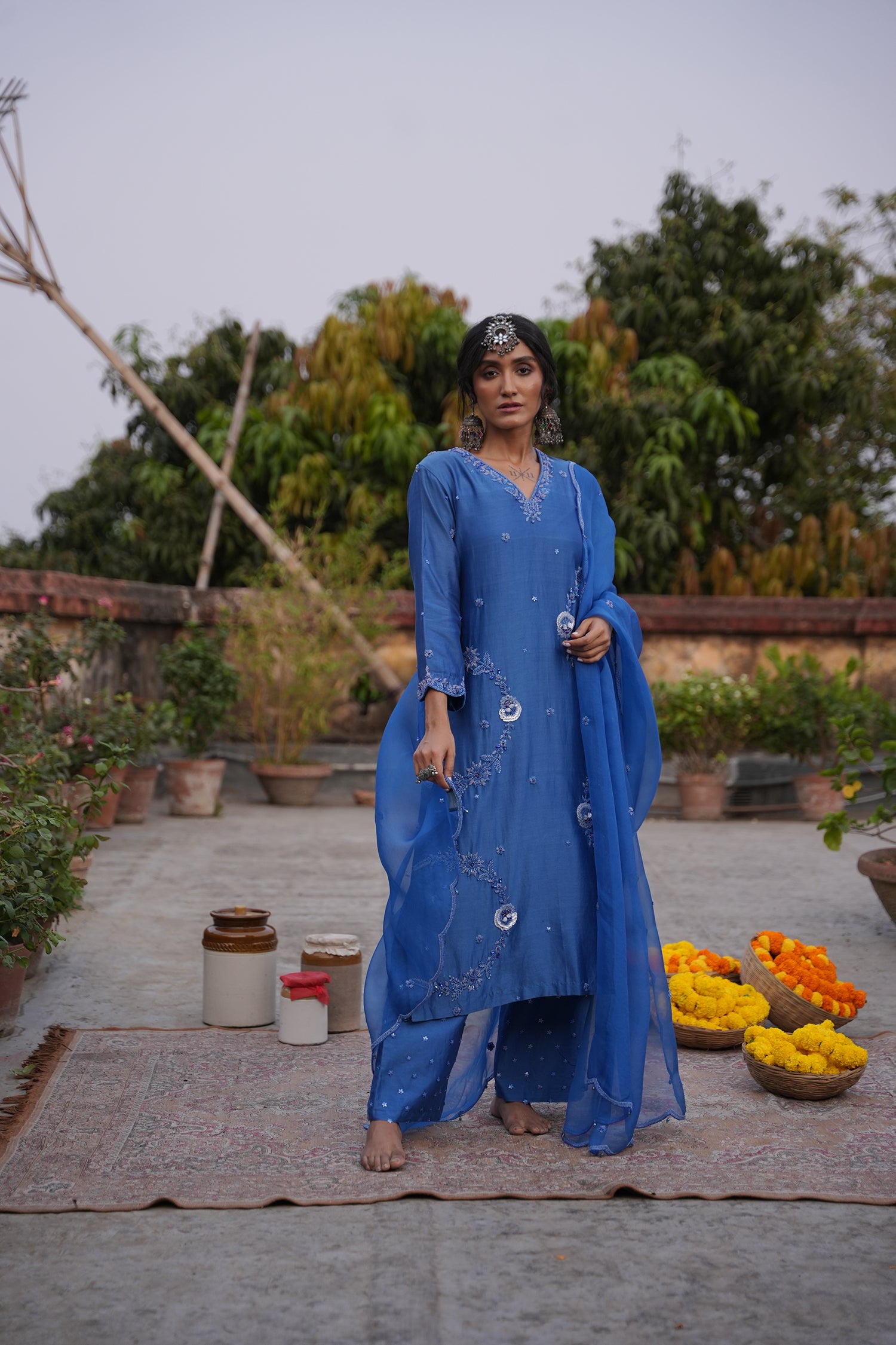 Hafsa Royal Blue Silk Chanderi Kurta Set