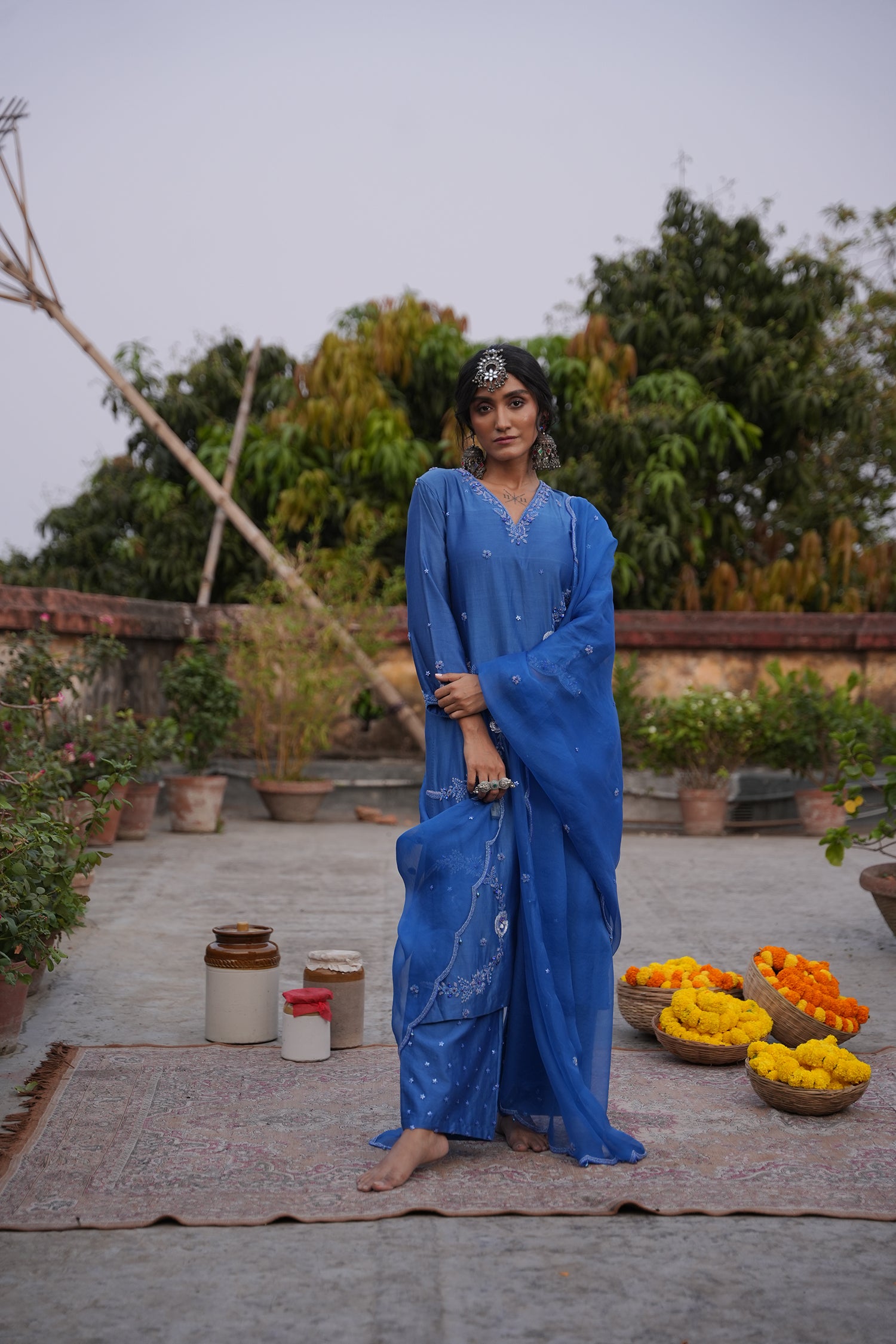Hafsa Royal Blue Silk Chanderi Kurta Set