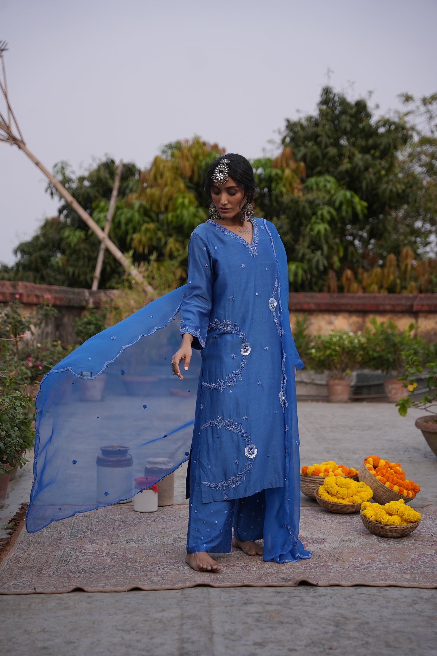 Hafsa Royal Blue Silk Chanderi Kurta Set