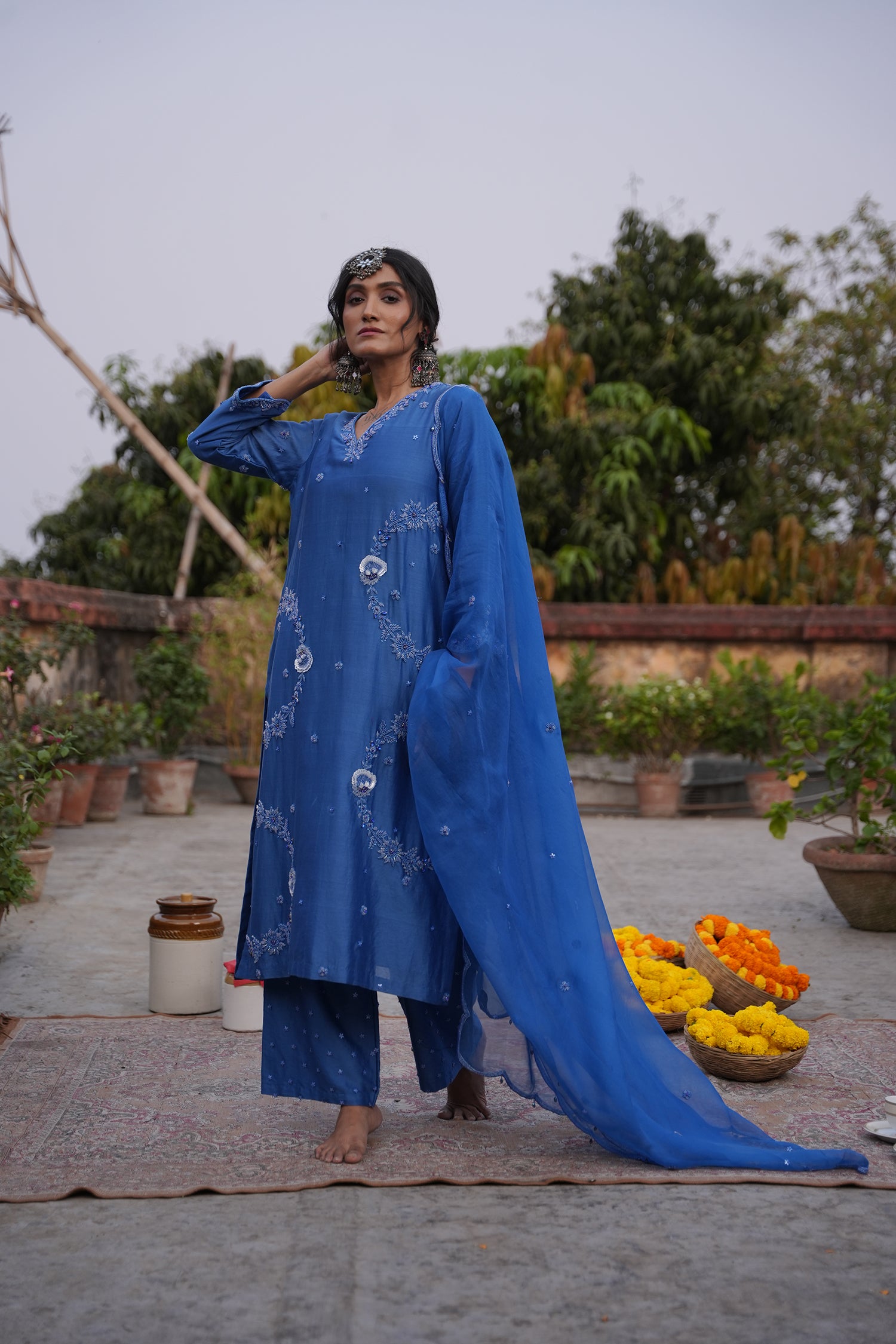 Hafsa Royal Blue Silk Chanderi Kurta Set