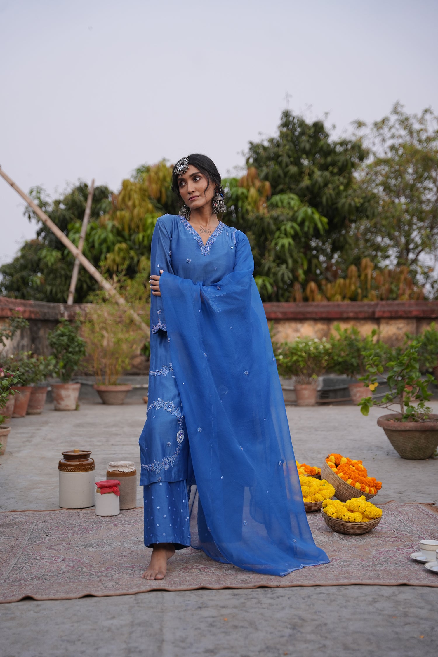 Hafsa Royal Blue Silk Chanderi Kurta Set