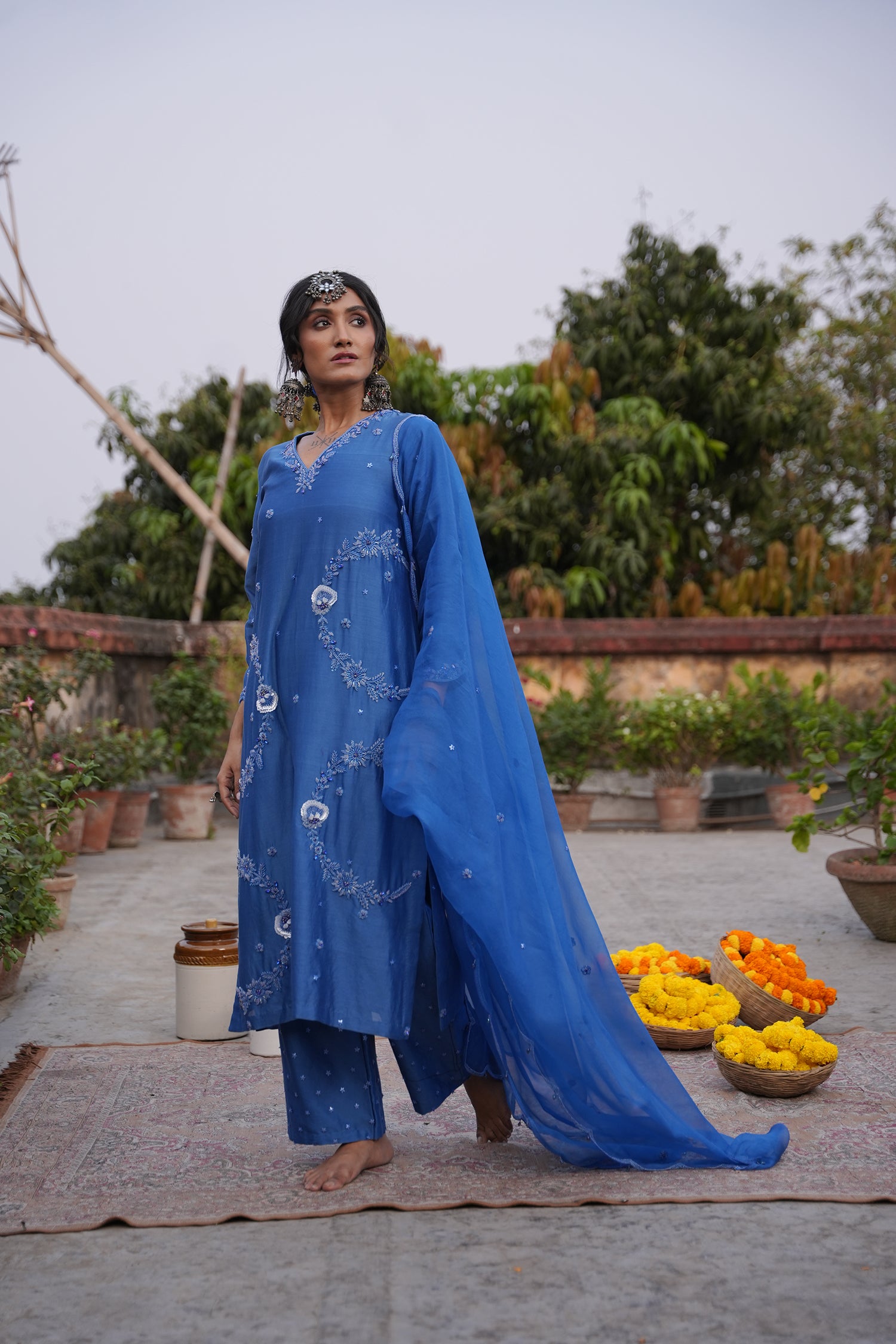 Hafsa Royal Blue Silk Chanderi Kurta Set