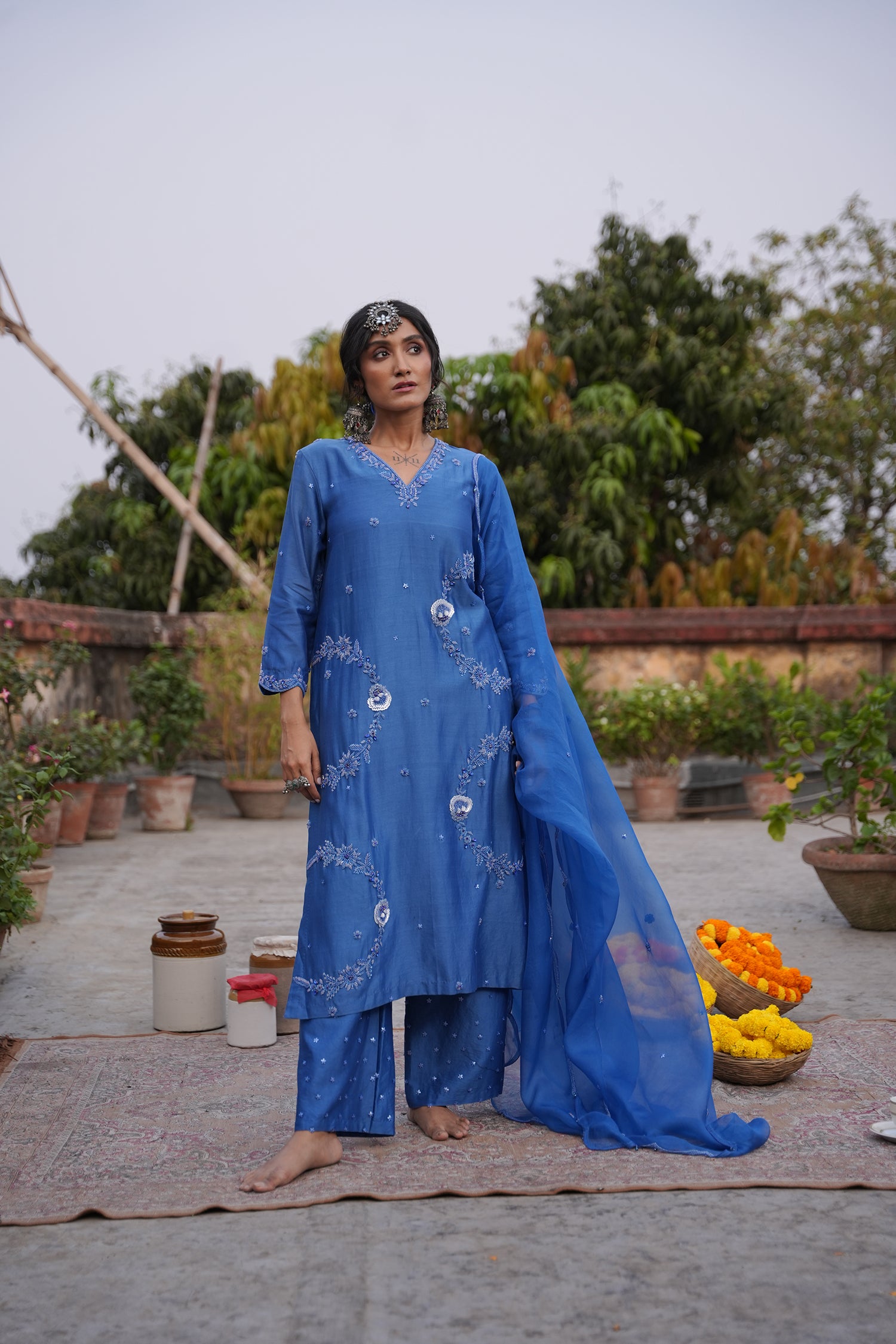 Hafsa Royal Blue Silk Chanderi Kurta Set