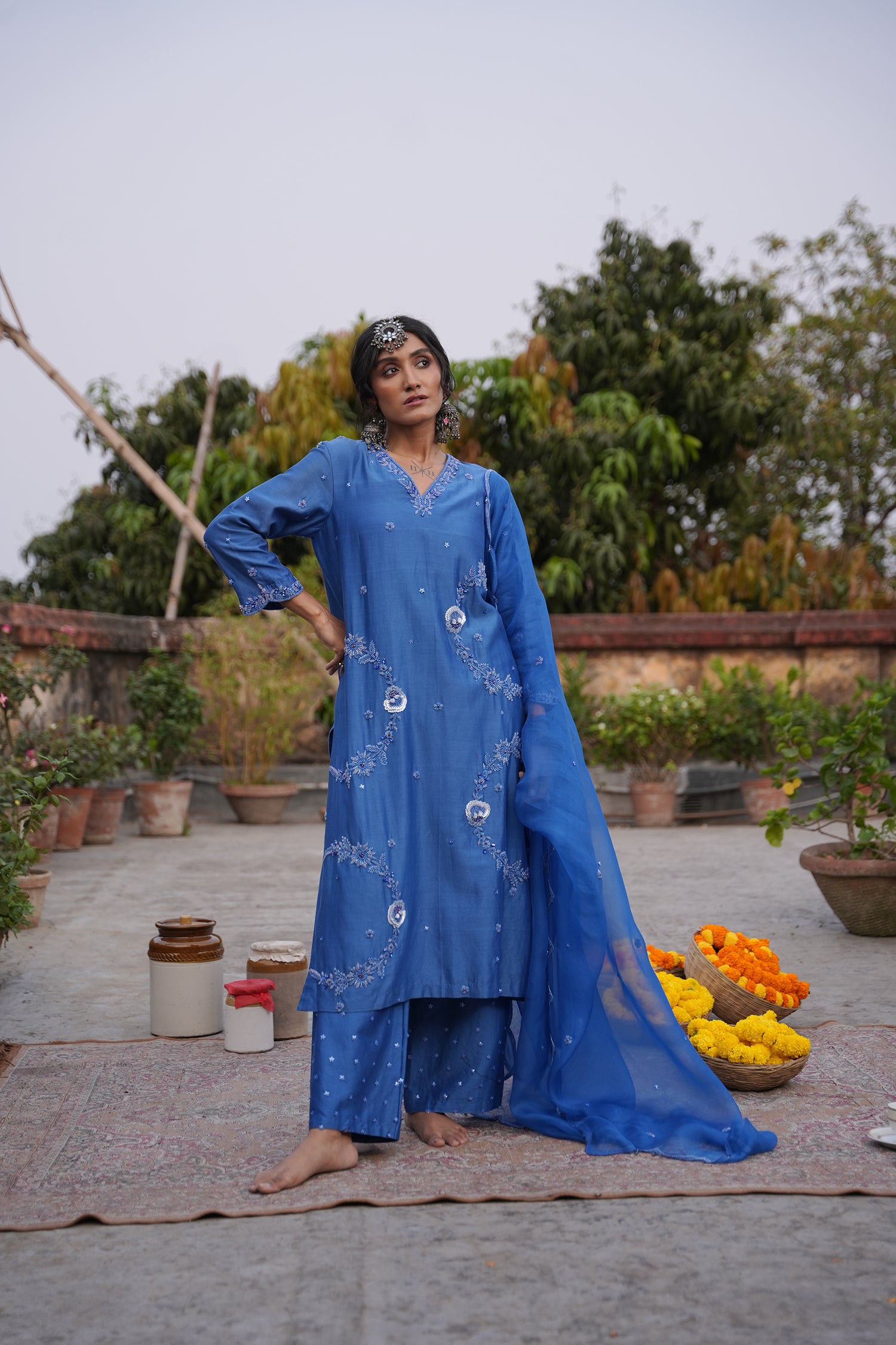 Hafsa Royal Blue Silk Chanderi Kurta Set