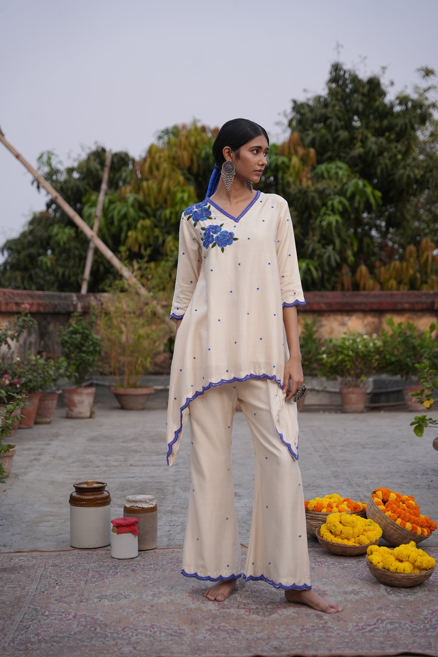 Sana Assymetrical Off White Chanderi Kurta Set