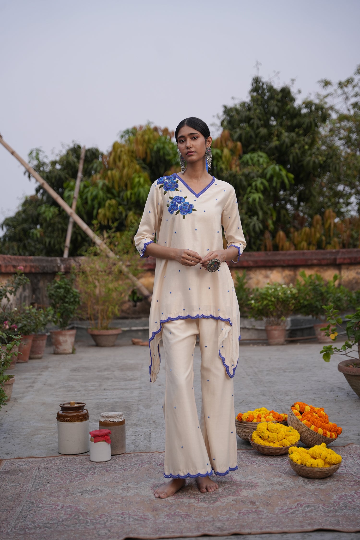 Sana Assymetrical Off White Chanderi Kurta Set