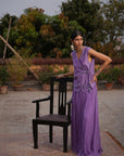 Aafia Amethyst Shade Georgette Pleated Skirt With Silk Chanderi Overlap Jacket