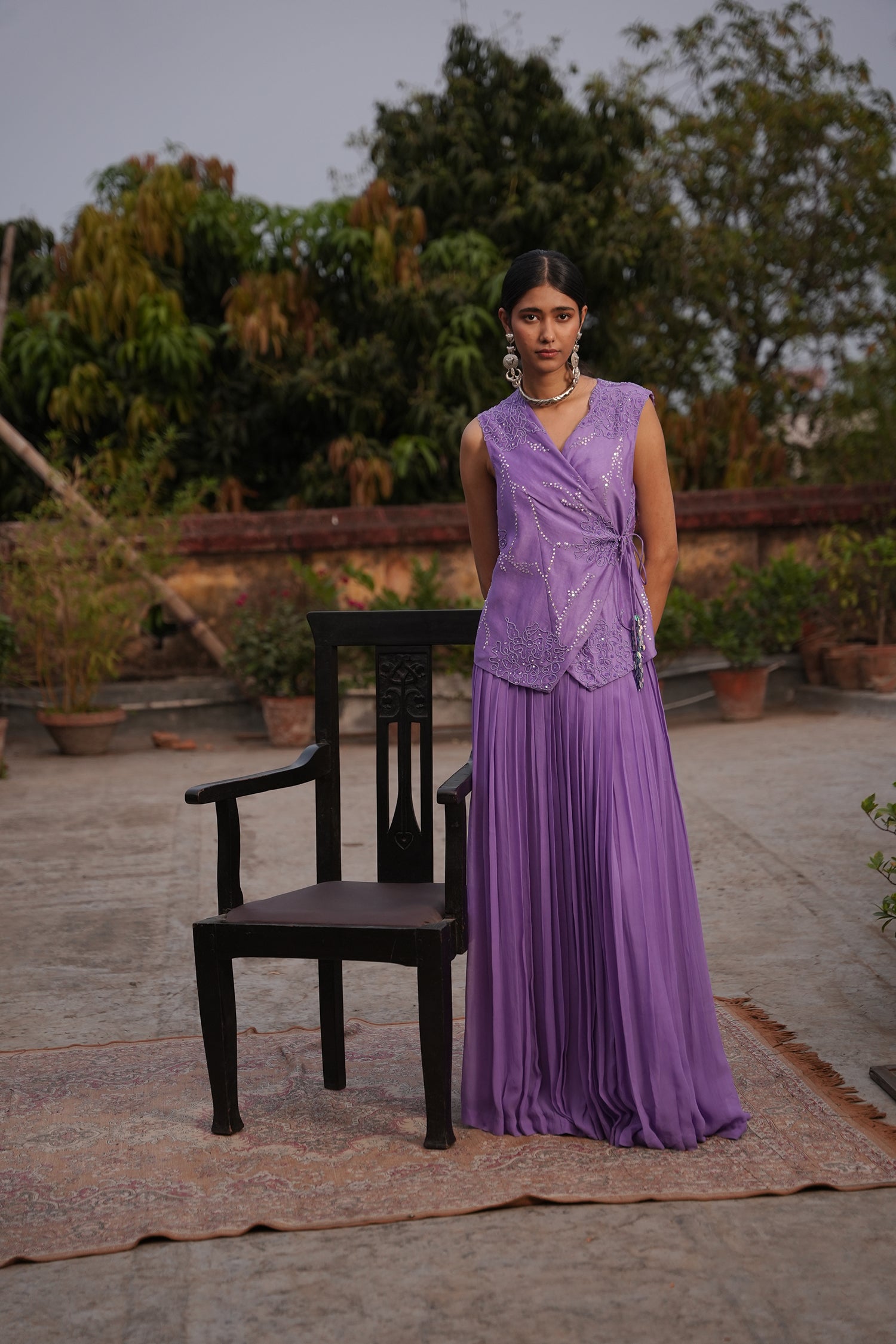 Aafia Amethyst Shade Georgette Pleated Skirt With Silk Chanderi Overlap Jacket