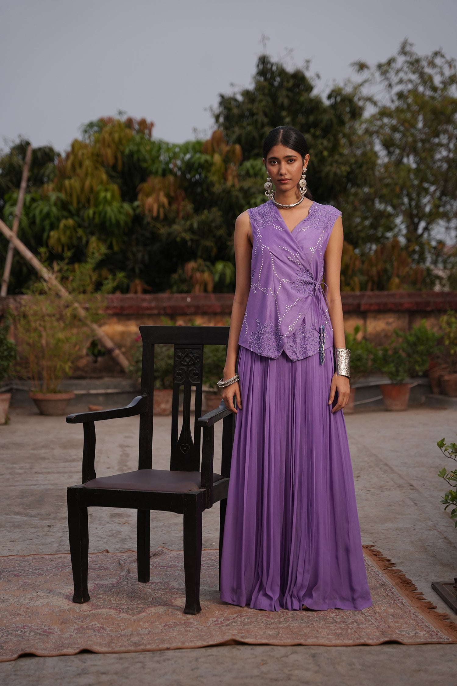 Aafia Amethyst Shade Georgette Pleated Skirt With Silk Chanderi Overlap Jacket