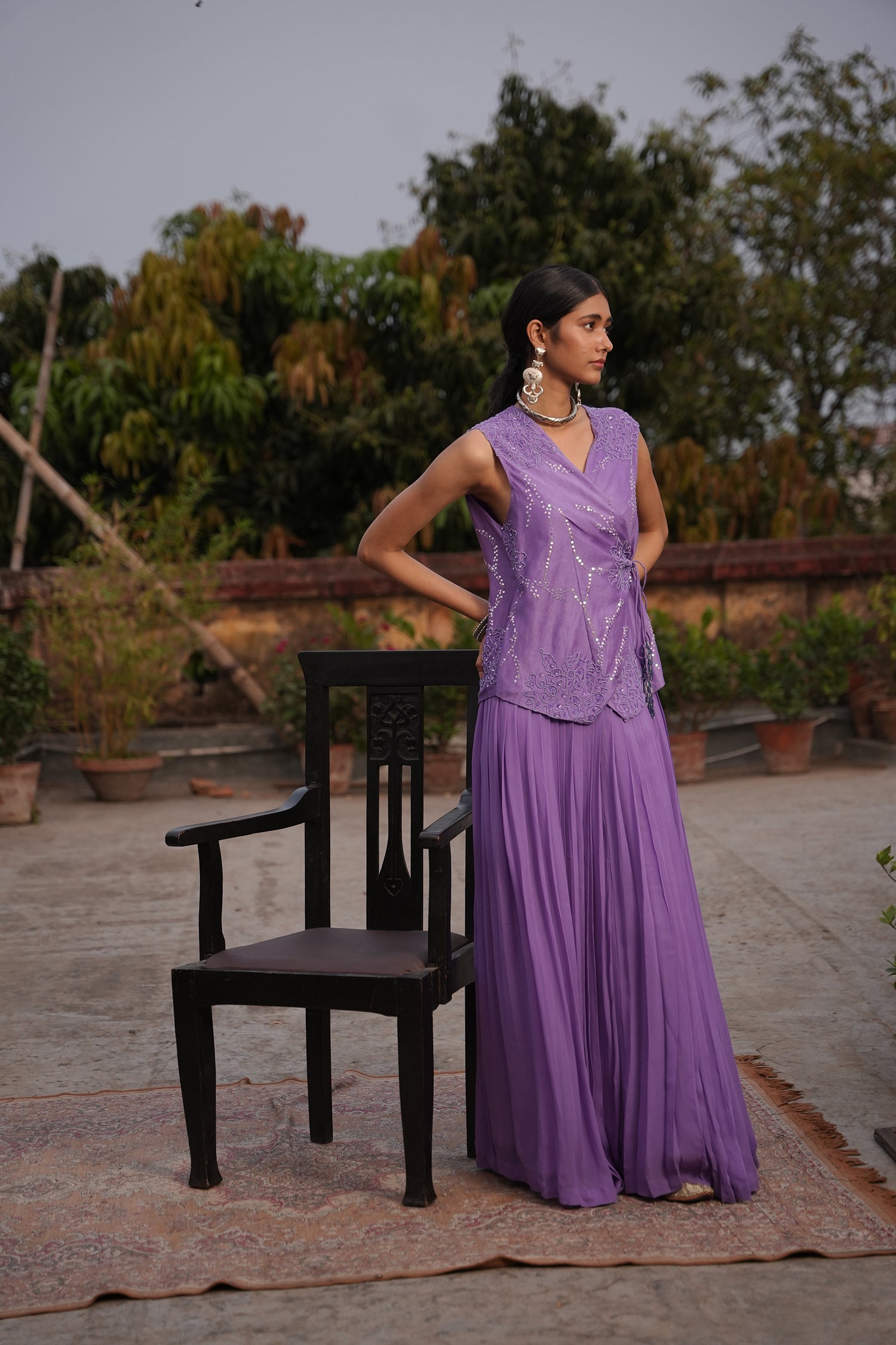 Aafia Amethyst Shade Georgette Pleated Skirt With Silk Chanderi Overlap Jacket