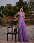 Aafia Amethyst Shade Georgette Pleated Skirt With Silk Chanderi Overlap Jacket