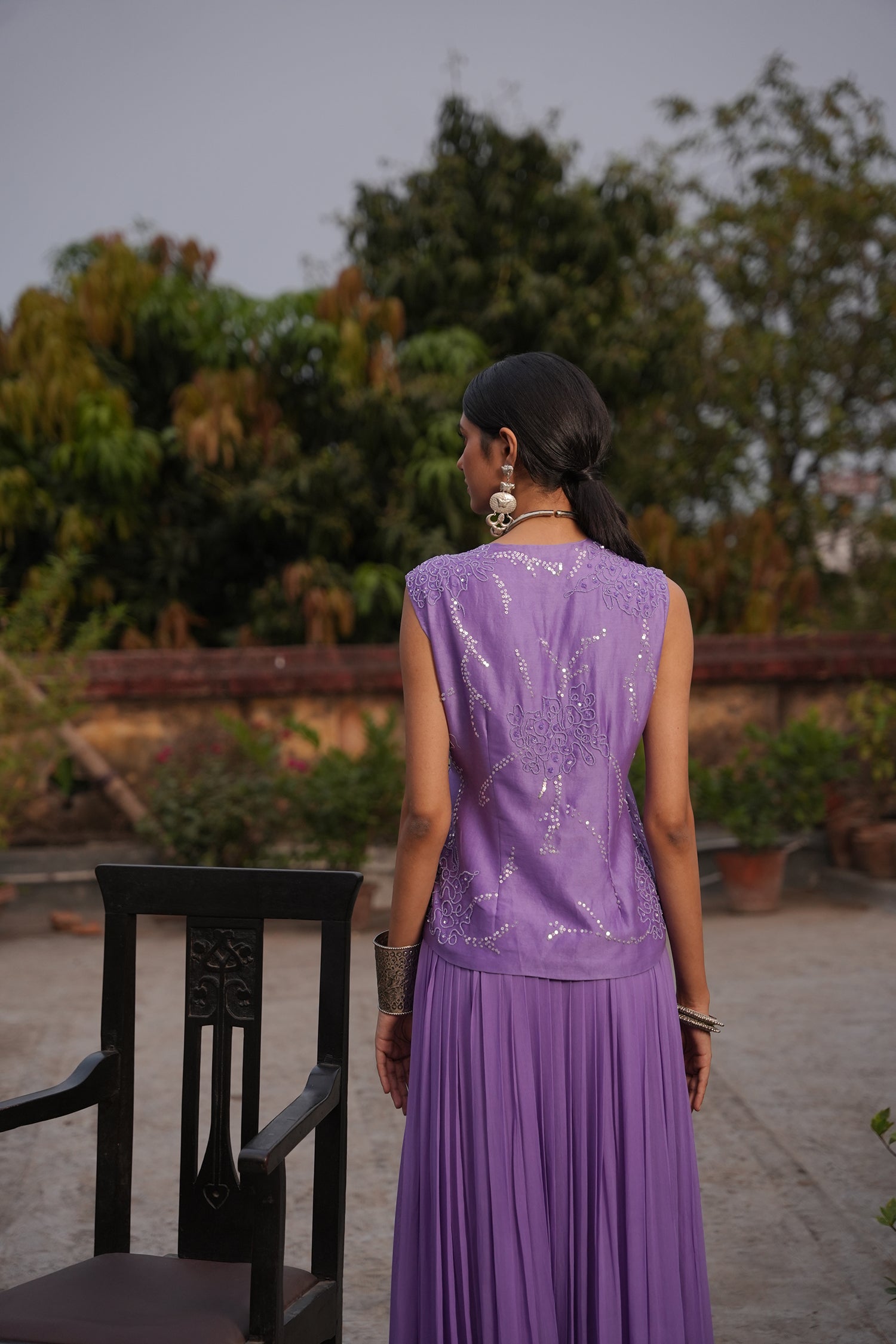 Aafia Amethyst Shade Georgette Pleated Skirt With Silk Chanderi Overlap Jacket