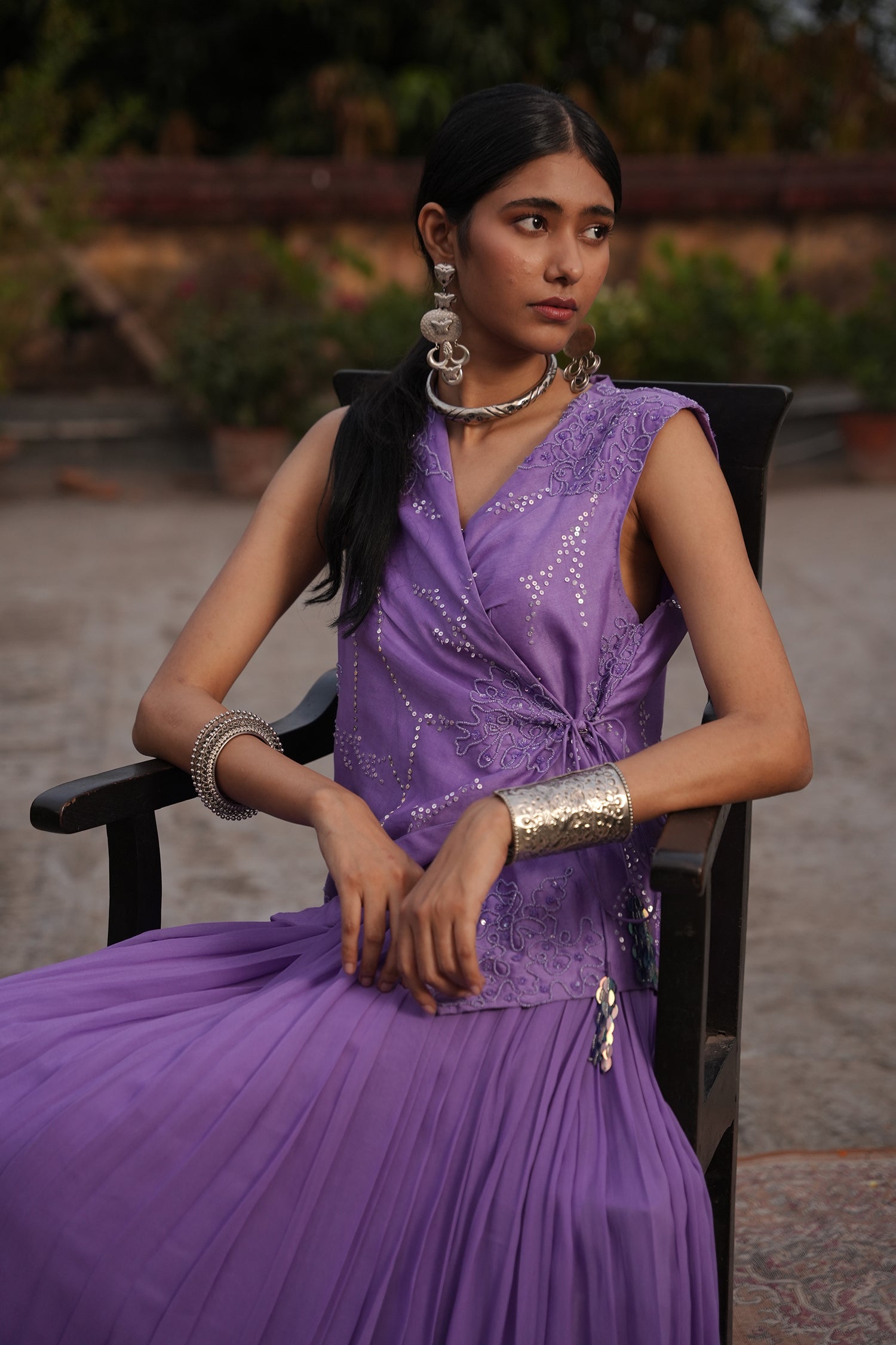 Aafia Amethyst Shade Georgette Pleated Skirt With Silk Chanderi Overlap Jacket