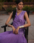 Aafia Amethyst Shade Georgette Pleated Skirt With Silk Chanderi Overlap Jacket