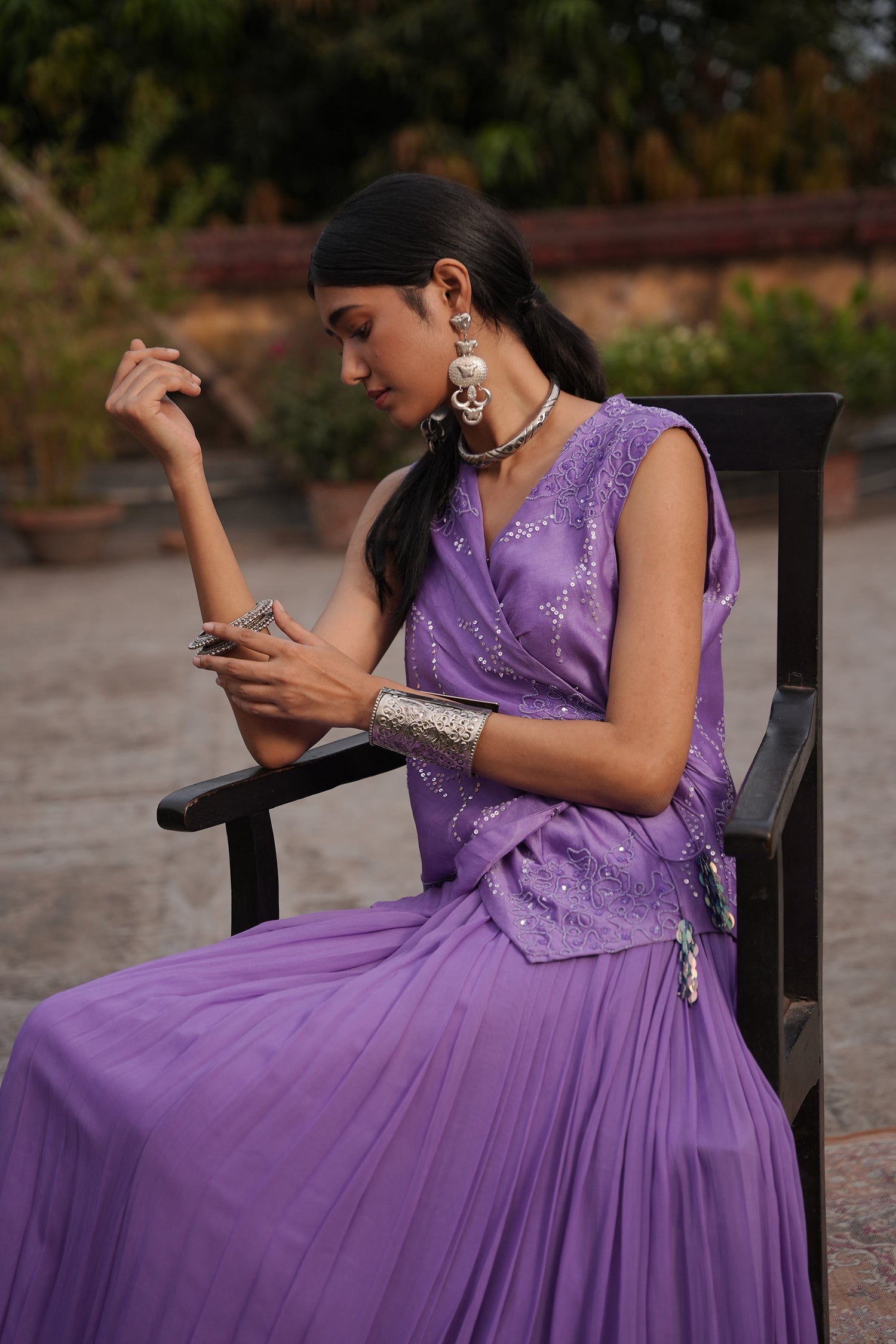 Aafia Amethyst Shade Georgette Pleated Skirt With Silk Chanderi Overlap Jacket