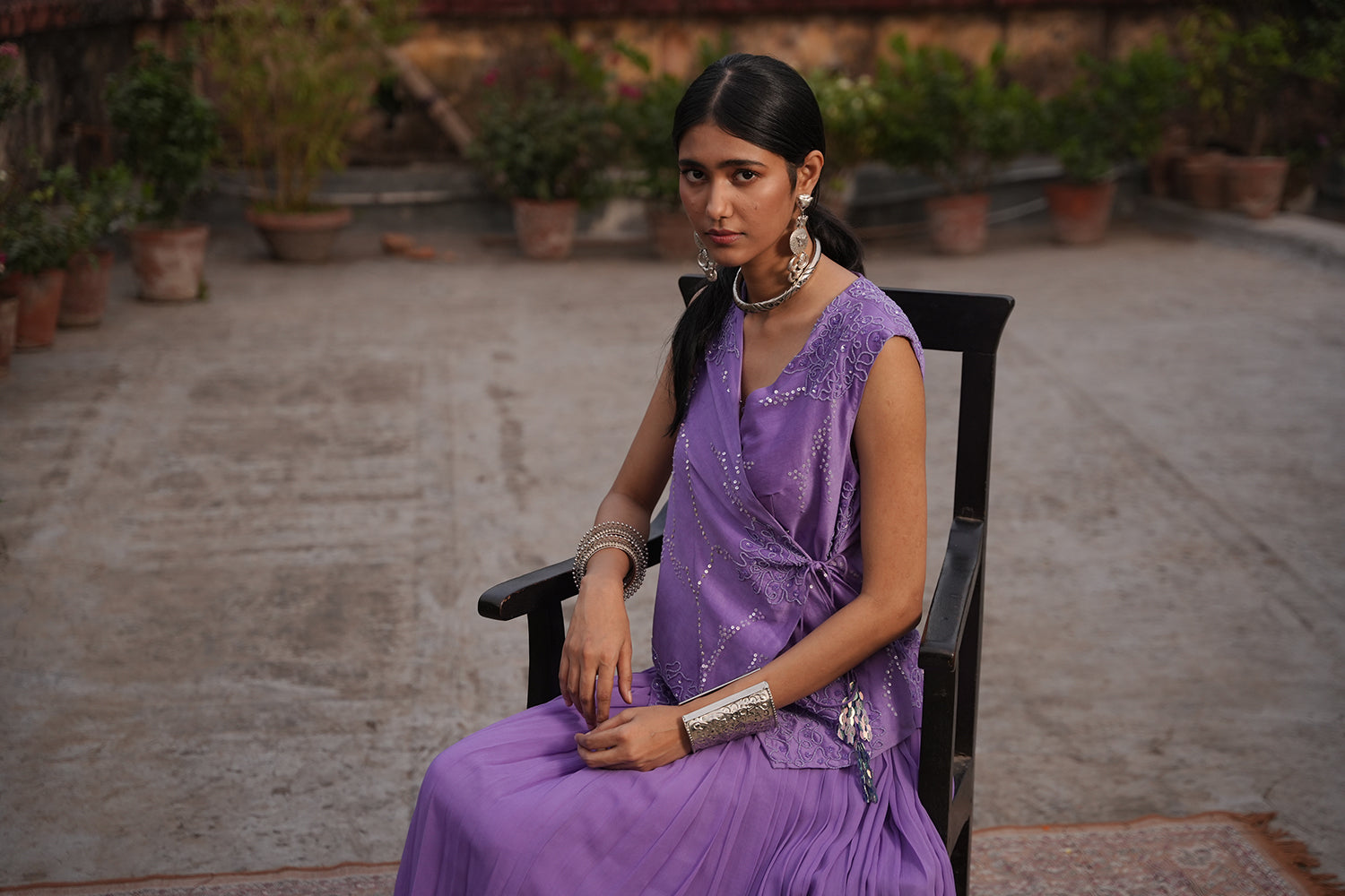 Aafia Amethyst Shade Georgette Pleated Skirt With Silk Chanderi Overlap Jacket