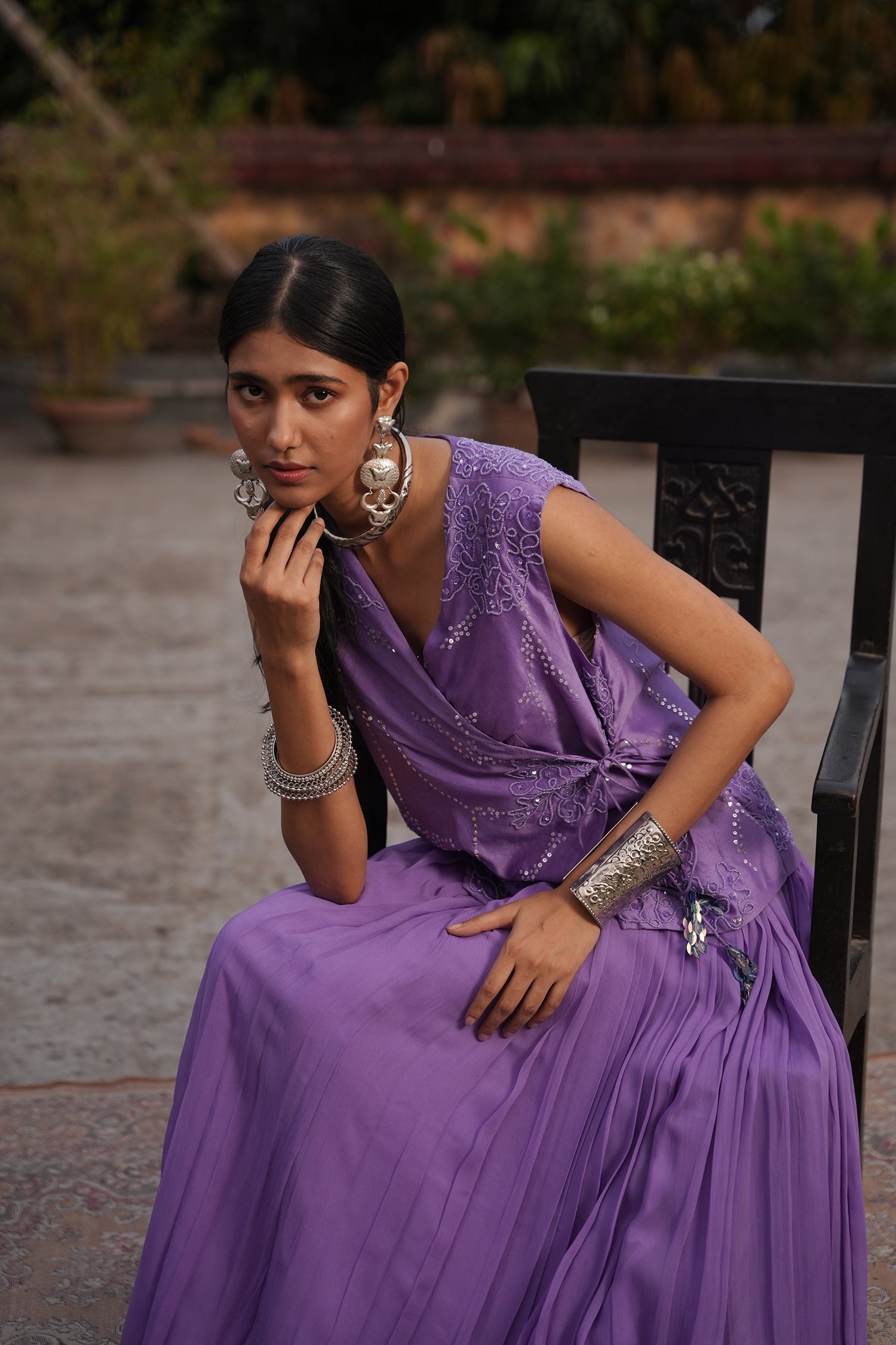 Aafia Amethyst Shade Georgette Pleated Skirt With Silk Chanderi Overlap Jacket