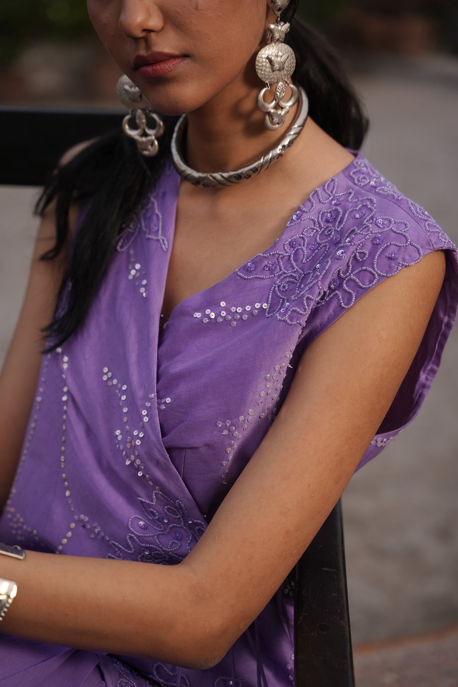 Aafia Amethyst Shade Georgette Pleated Skirt With Silk Chanderi Overlap Jacket