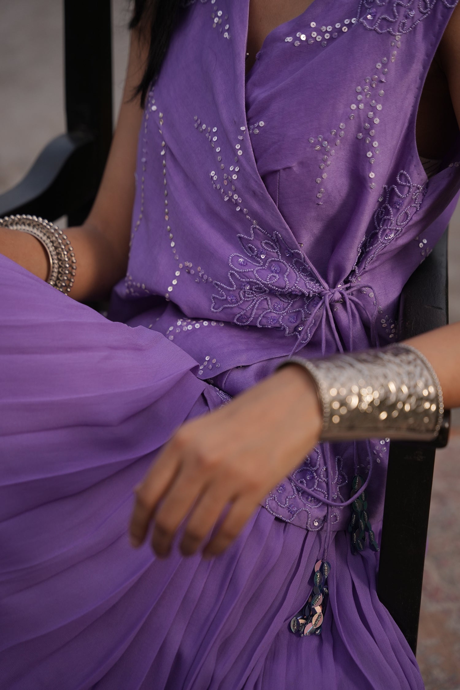 Aafia Amethyst Shade Georgette Pleated Skirt With Silk Chanderi Overlap Jacket