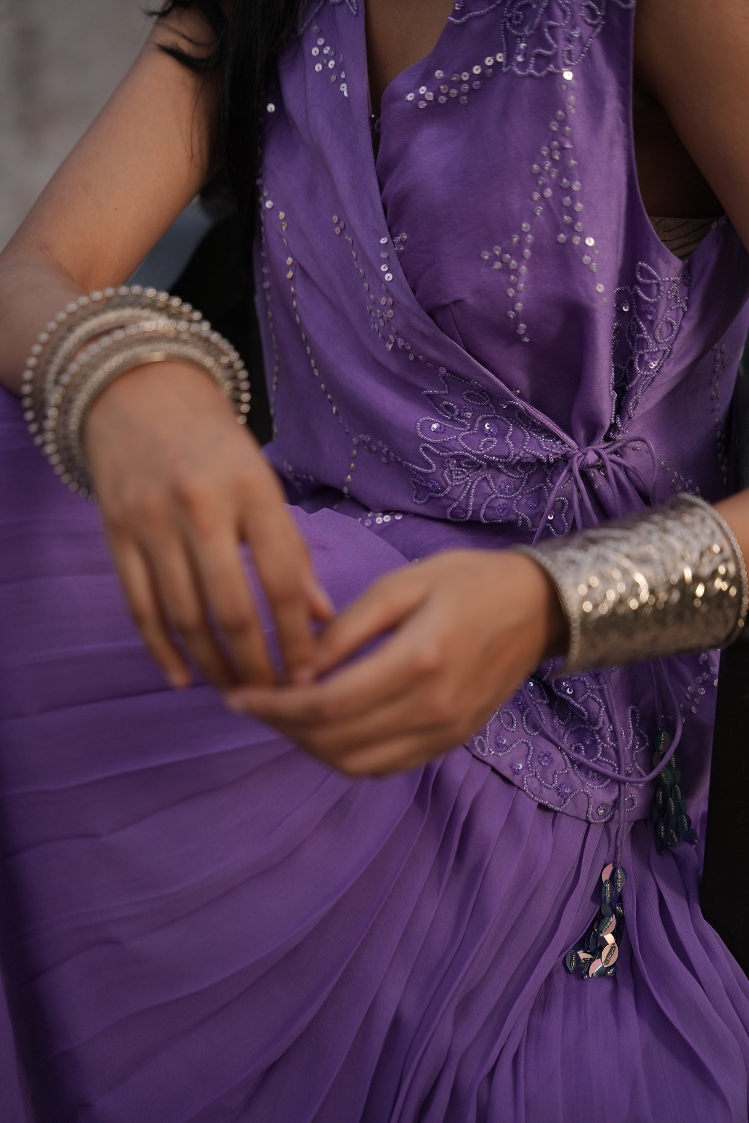 Aafia Amethyst Shade Georgette Pleated Skirt With Silk Chanderi Overlap Jacket