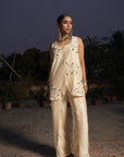Neema Off White Chanderi Collar Kurta With Flap Border Pant