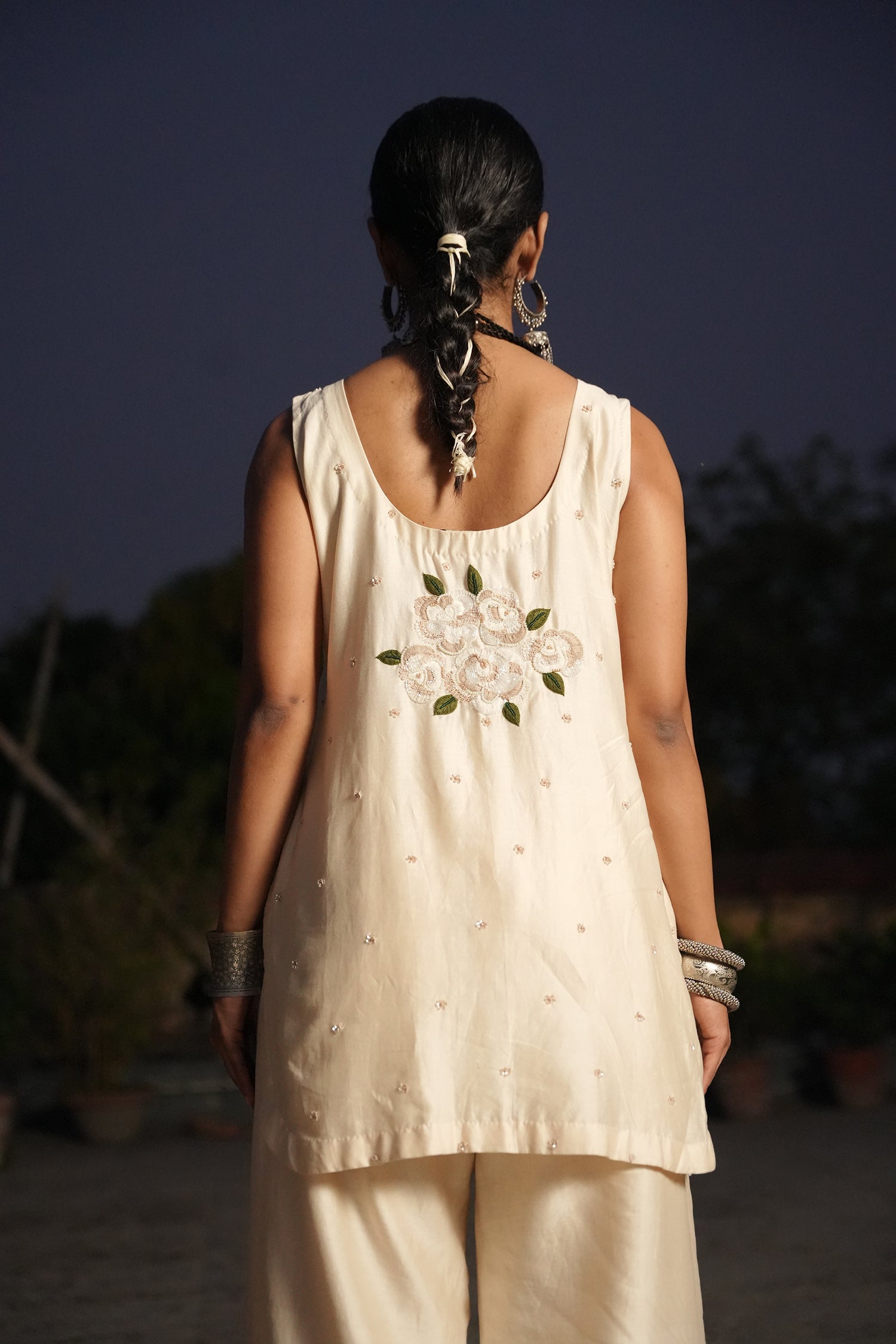 Neema Off White Chanderi Collar Kurta With Flap Border Pant