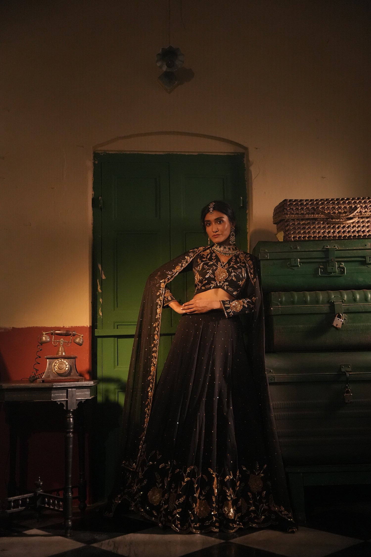Nafisa Black Silk Chanderi Lehenga Set
