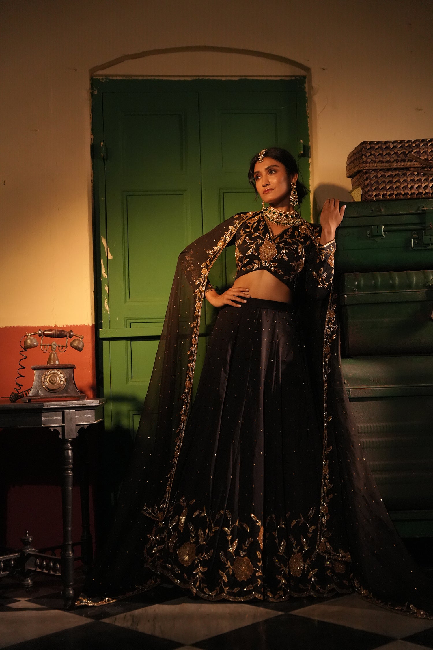 Nafisa Black Silk Chanderi Lehenga Set