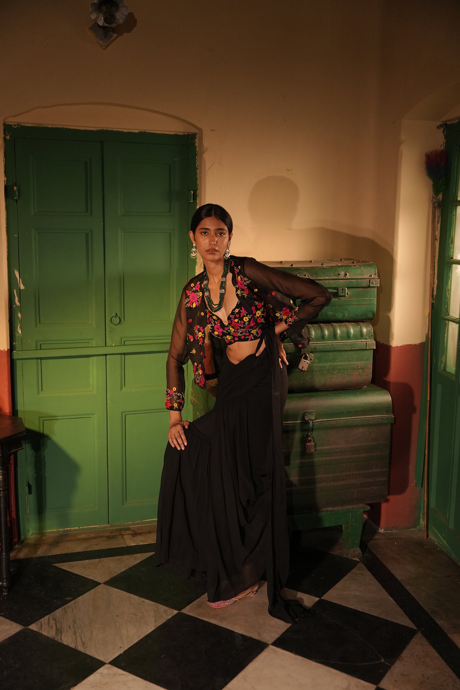 Urwa Black Drape Saree Set