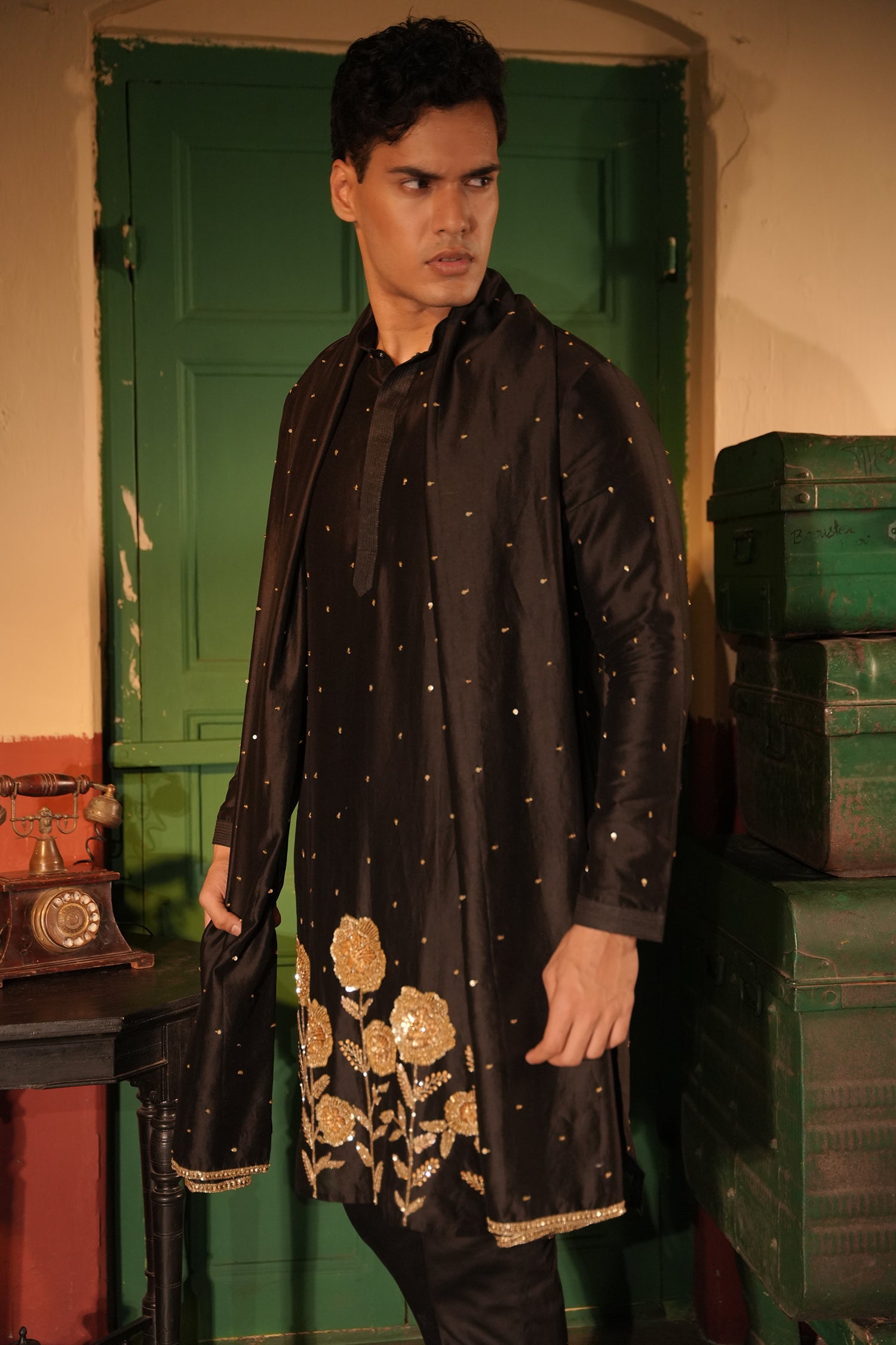 Rahim Black Silk Chanderi Kurta Set
