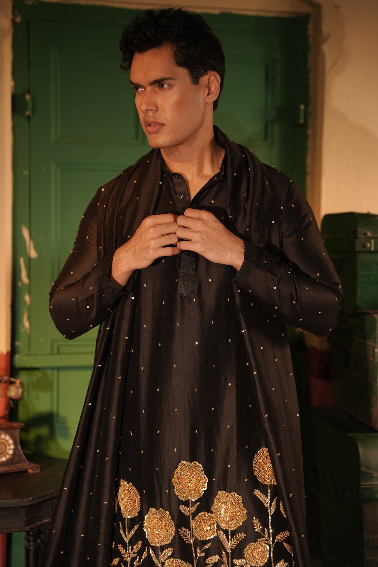 Rahim Black Silk Chanderi Kurta Set