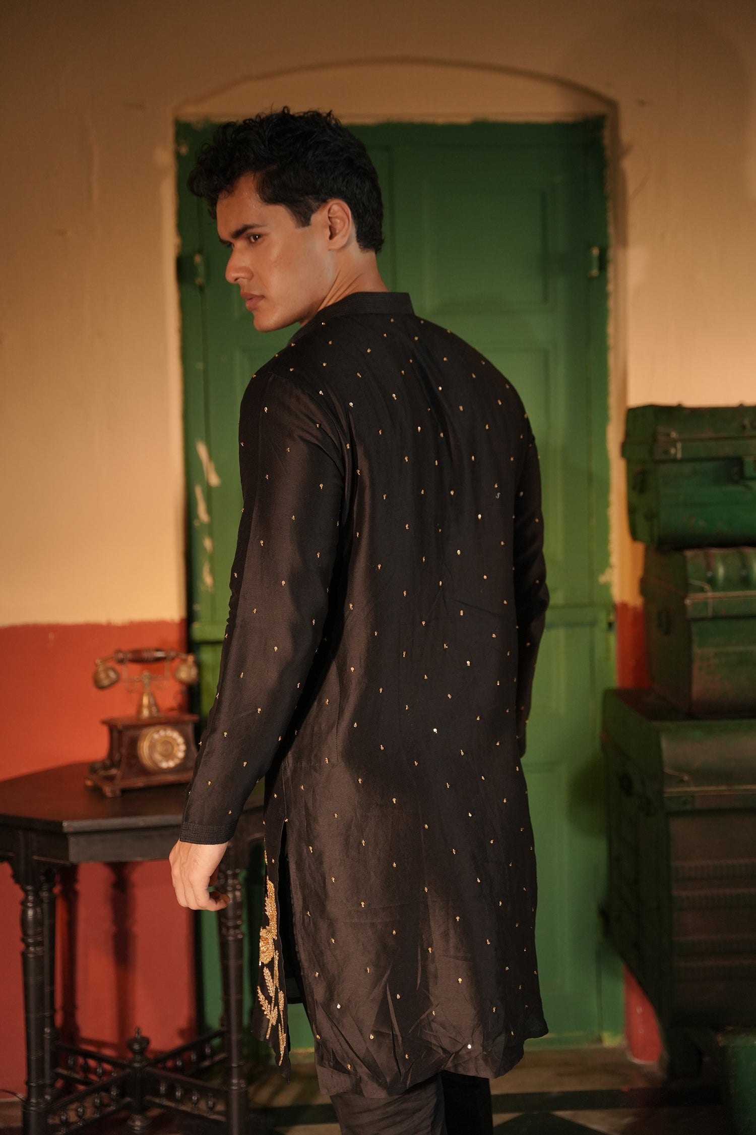 Rahim Black Silk Chanderi Kurta Set