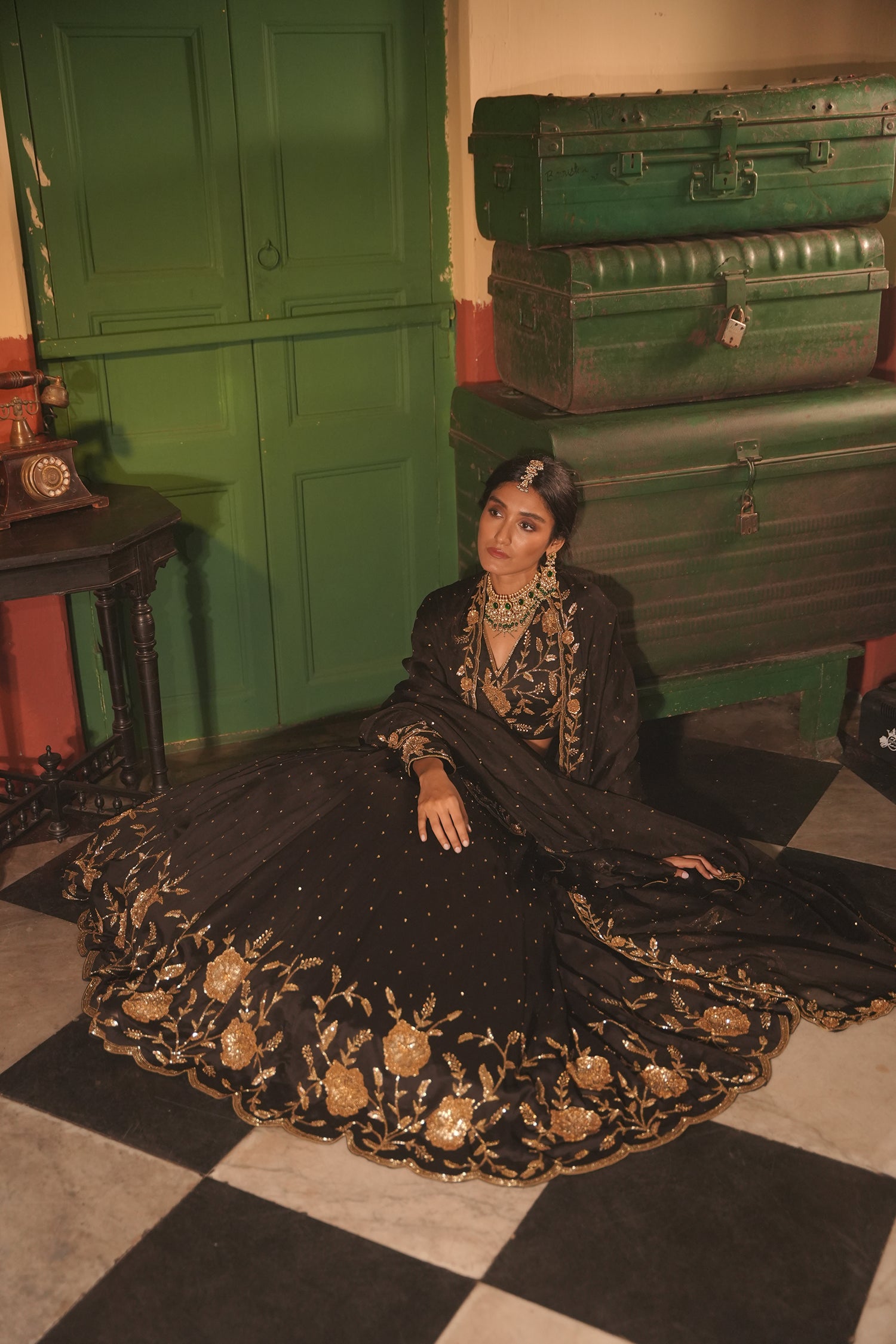 Nafisa Black Silk Chanderi Lehenga Set