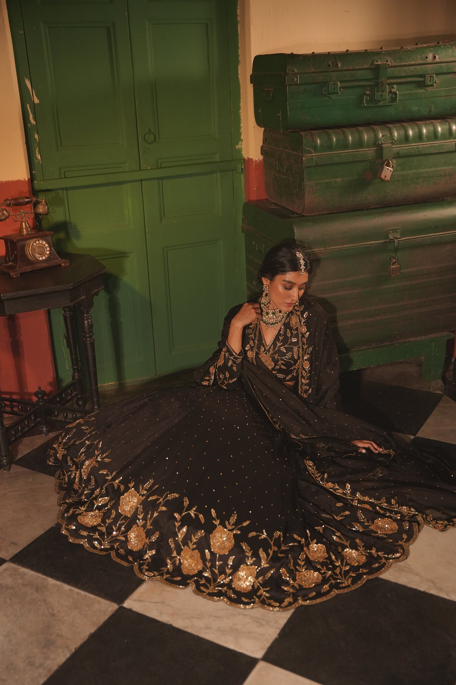 Nafisa Black Silk Chanderi Lehenga Set
