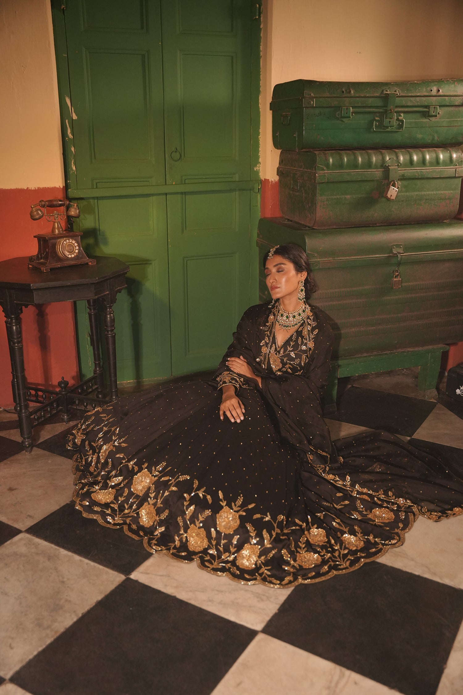 Nafisa Black Silk Chanderi Lehenga Set