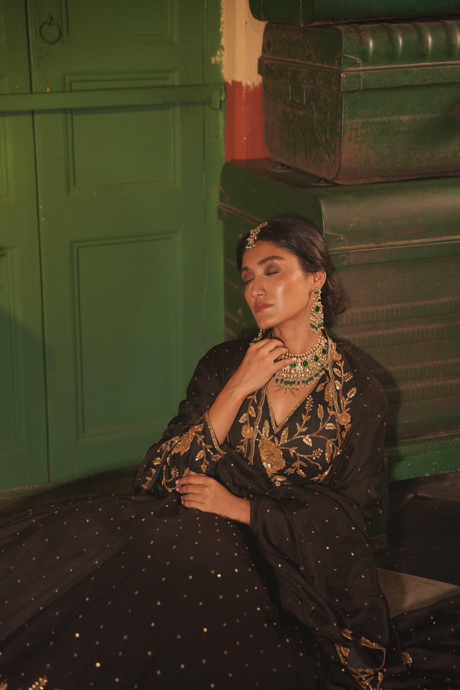 Nafisa Black Silk Chanderi Lehenga Set