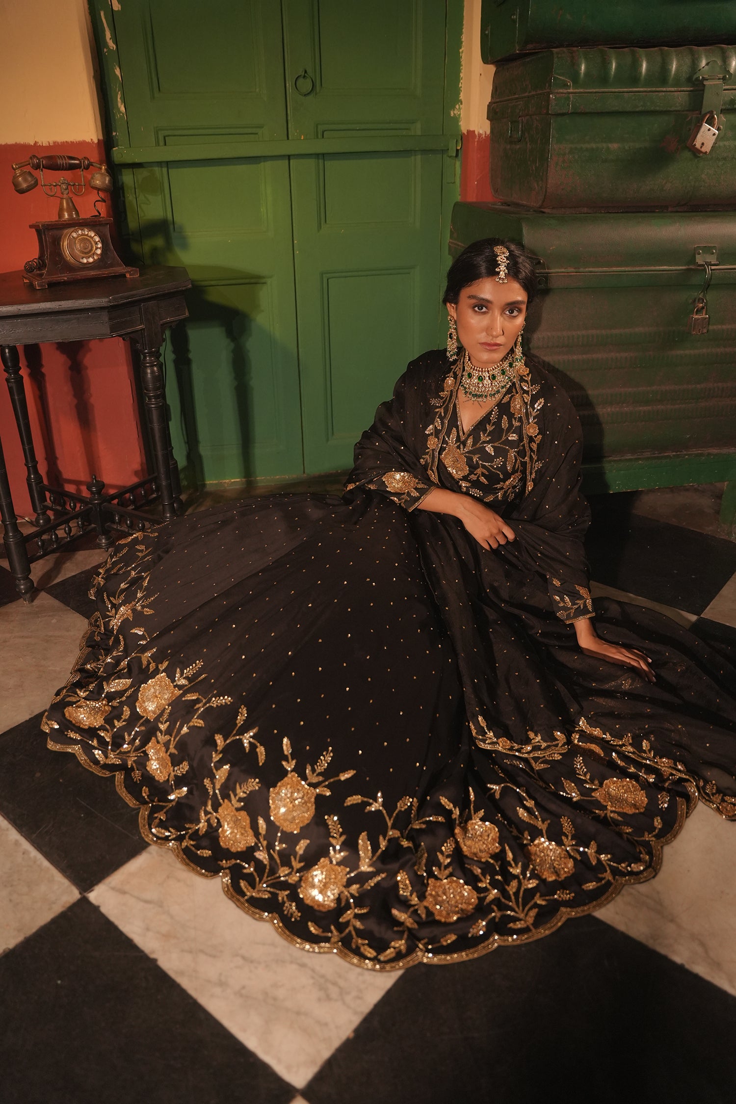 Nafisa Black Silk Chanderi Lehenga Set
