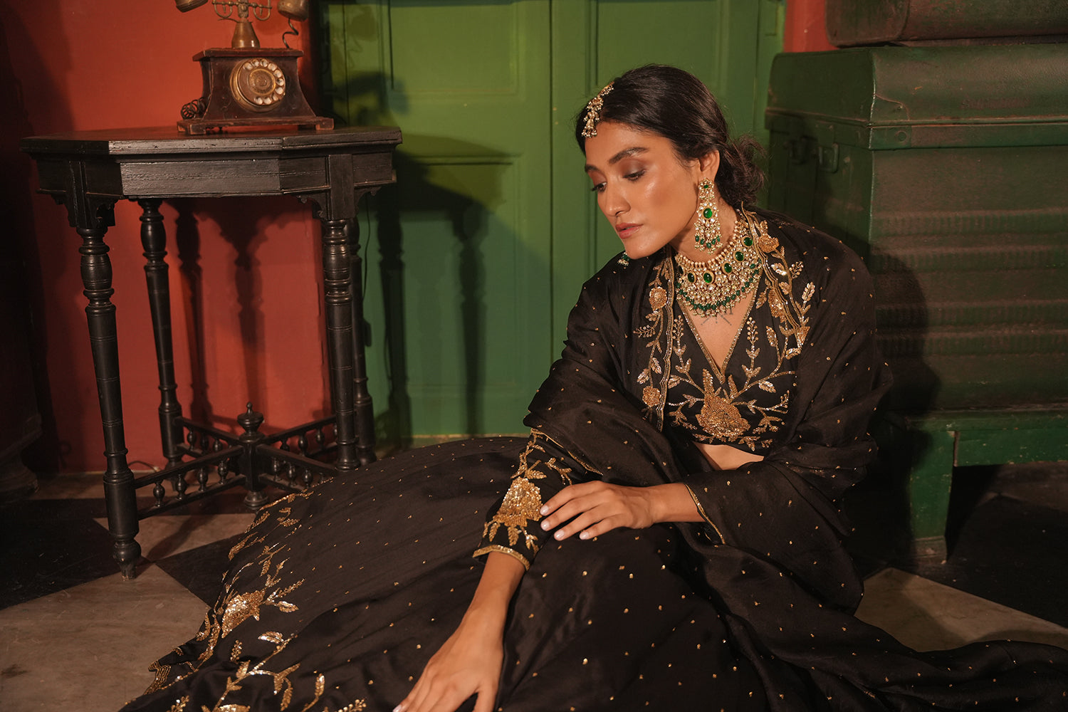 Nafisa Black Silk Chanderi Lehenga Set