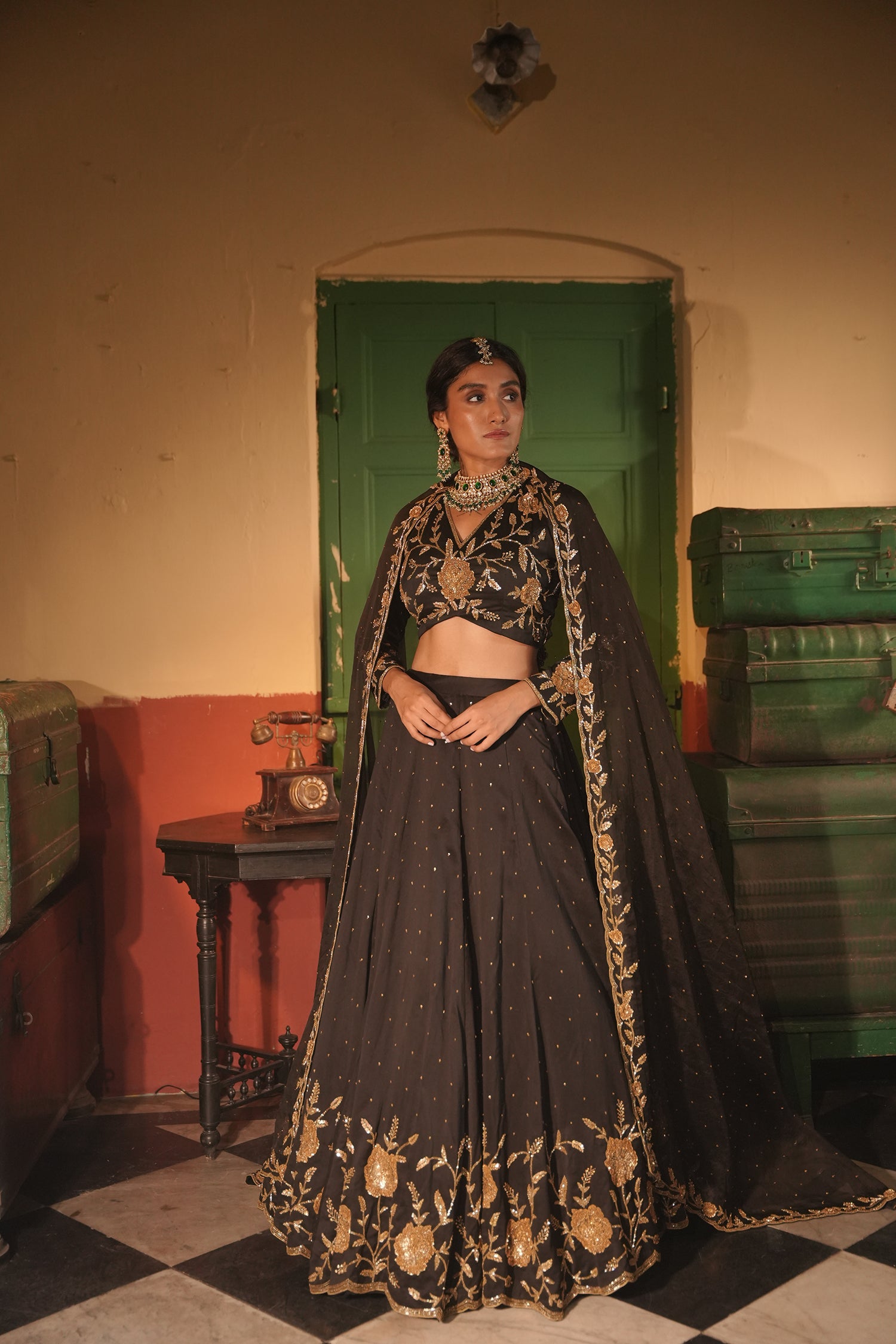 Nafisa Black Silk Chanderi Lehenga Set
