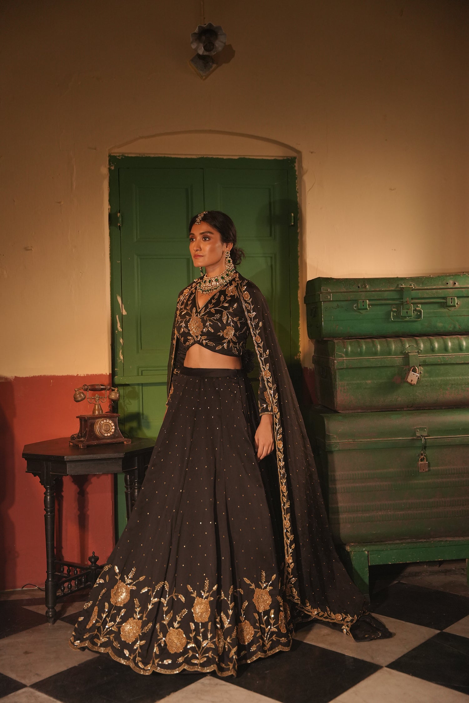 Nafisa Black Silk Chanderi Lehenga Set