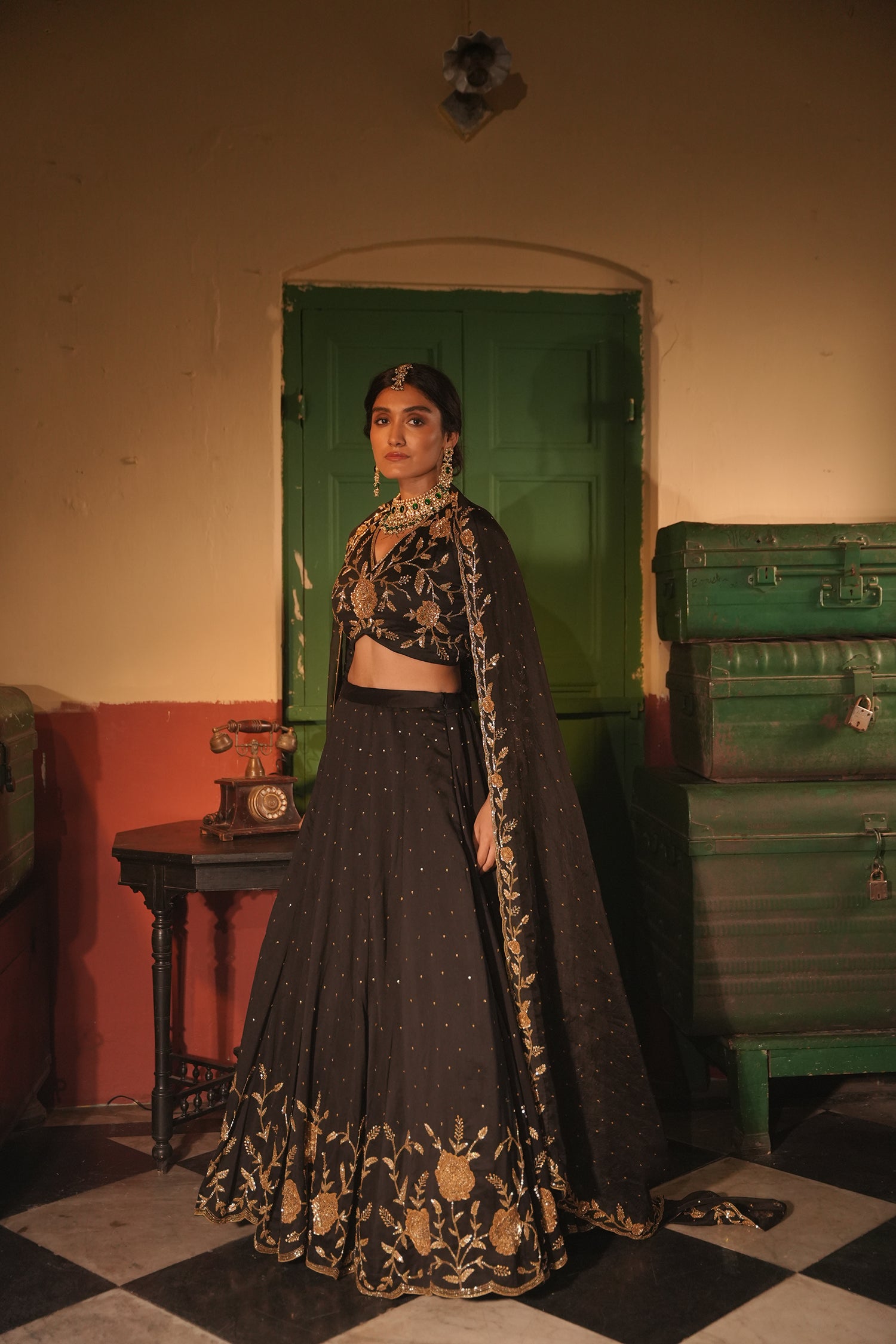 Nafisa Black Silk Chanderi Lehenga Set