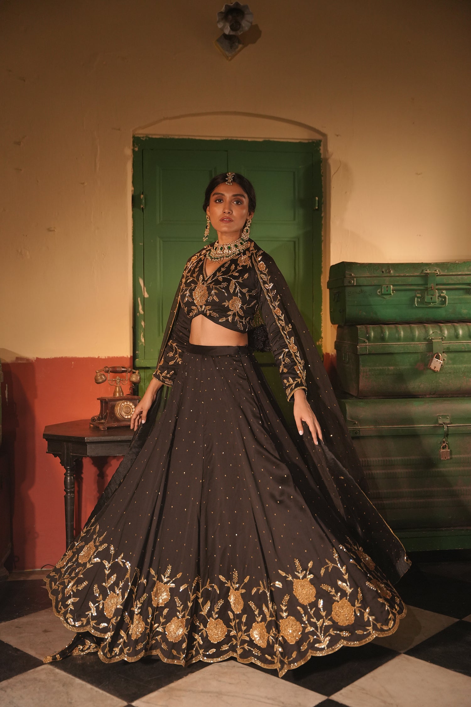 Nafisa Black Silk Chanderi Lehenga Set