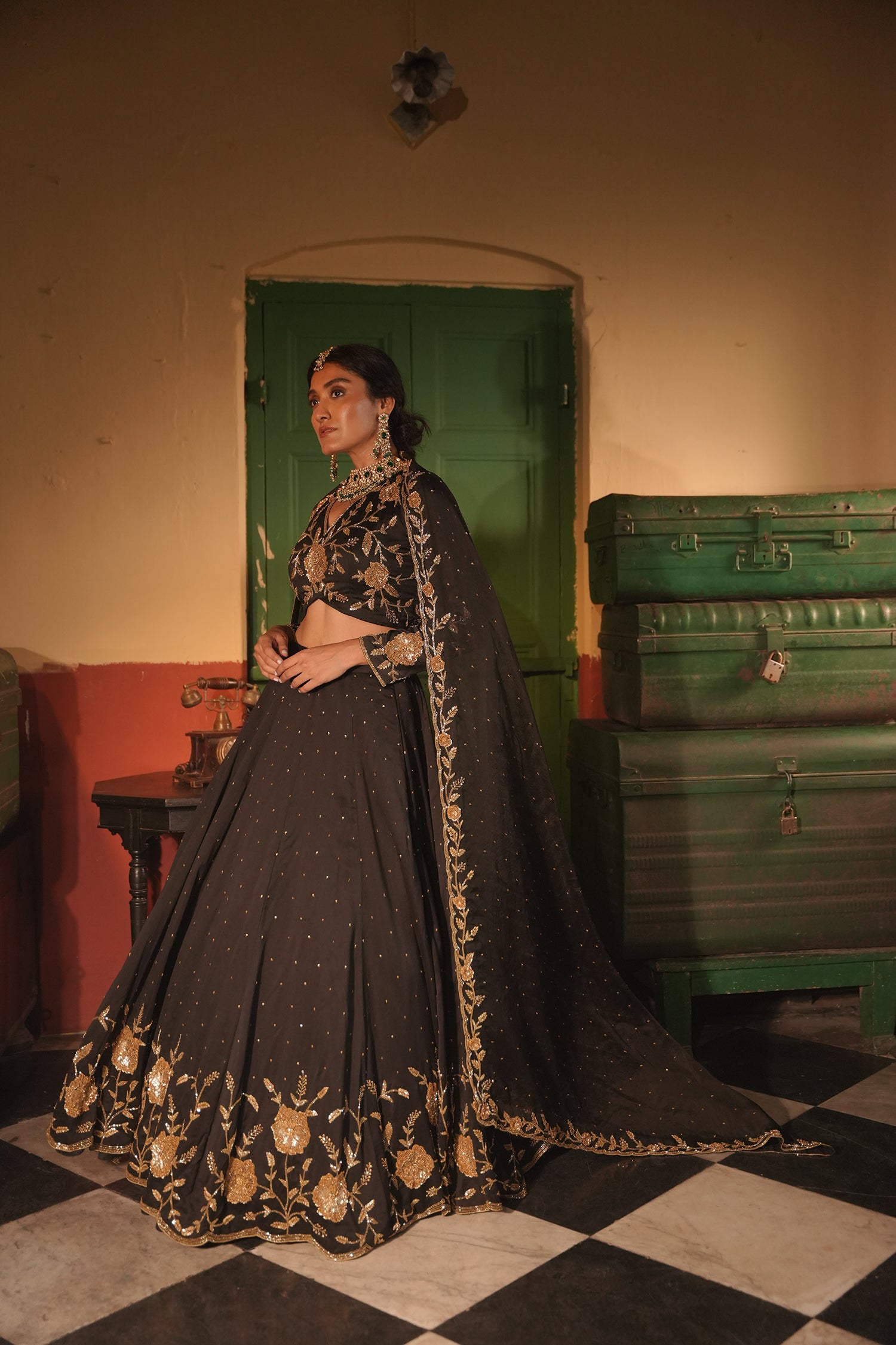 Nafisa Black Silk Chanderi Lehenga Set