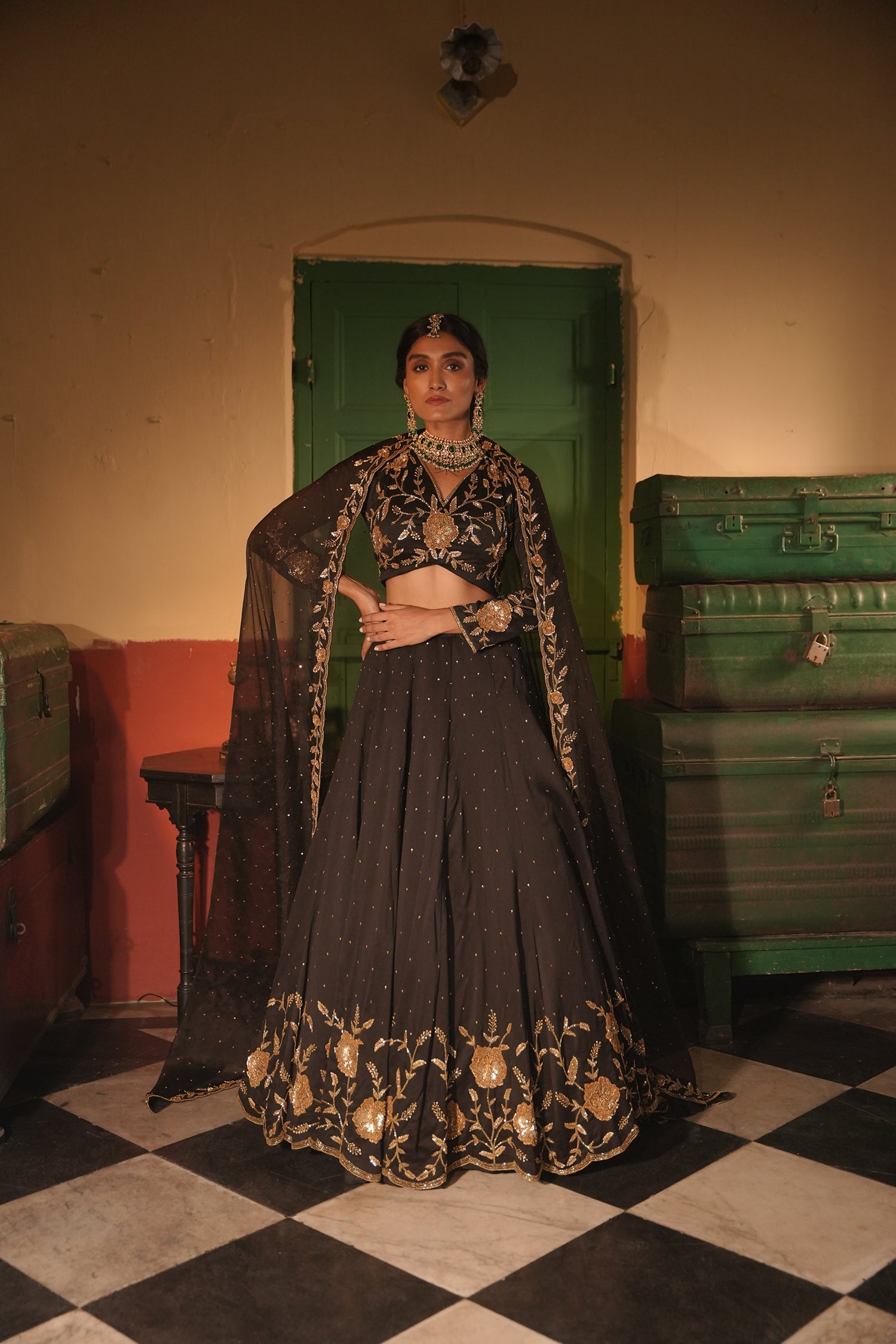 Nafisa Black Silk Chanderi Lehenga Set