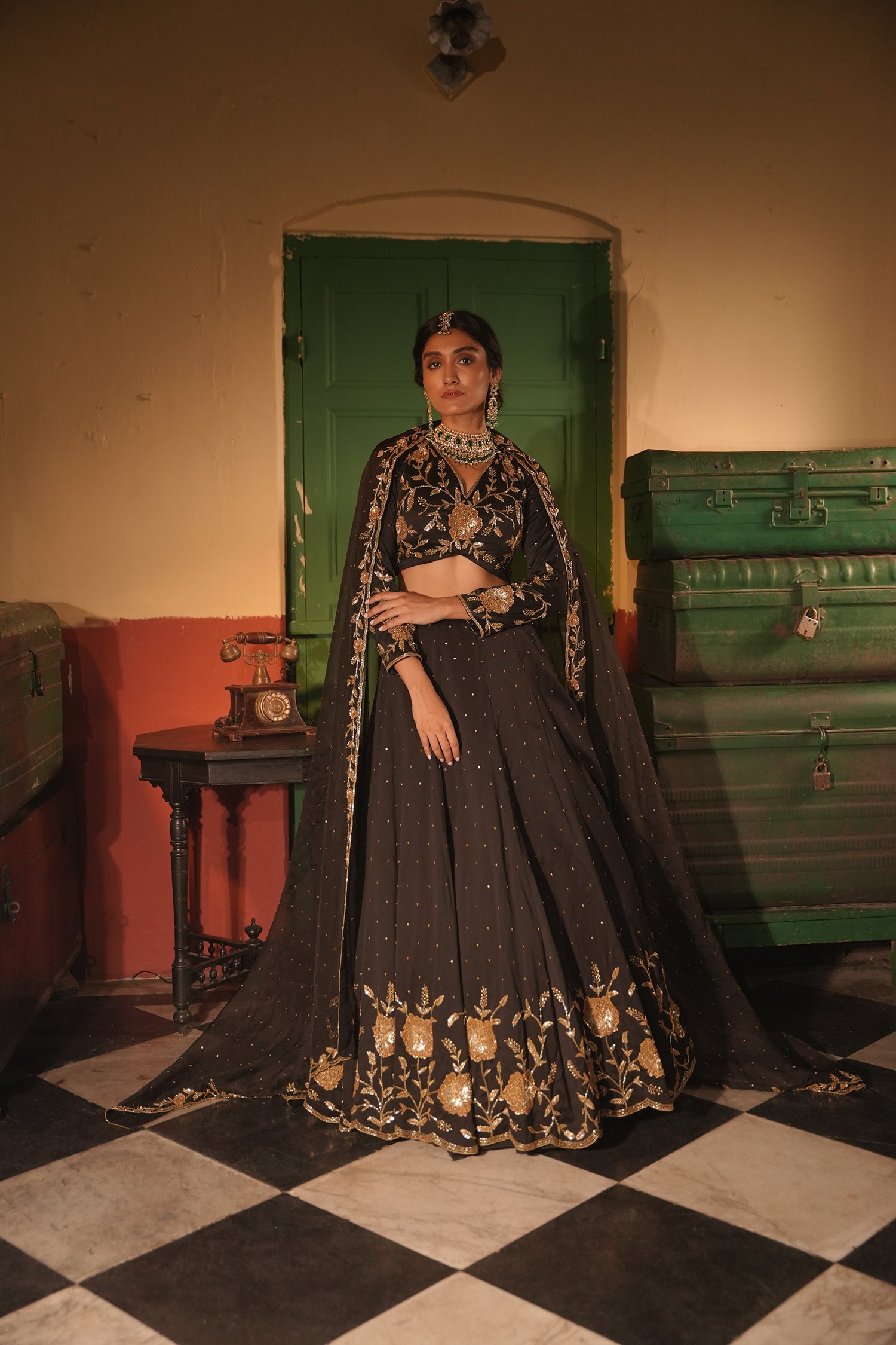 Nafisa Black Silk Chanderi Lehenga Set