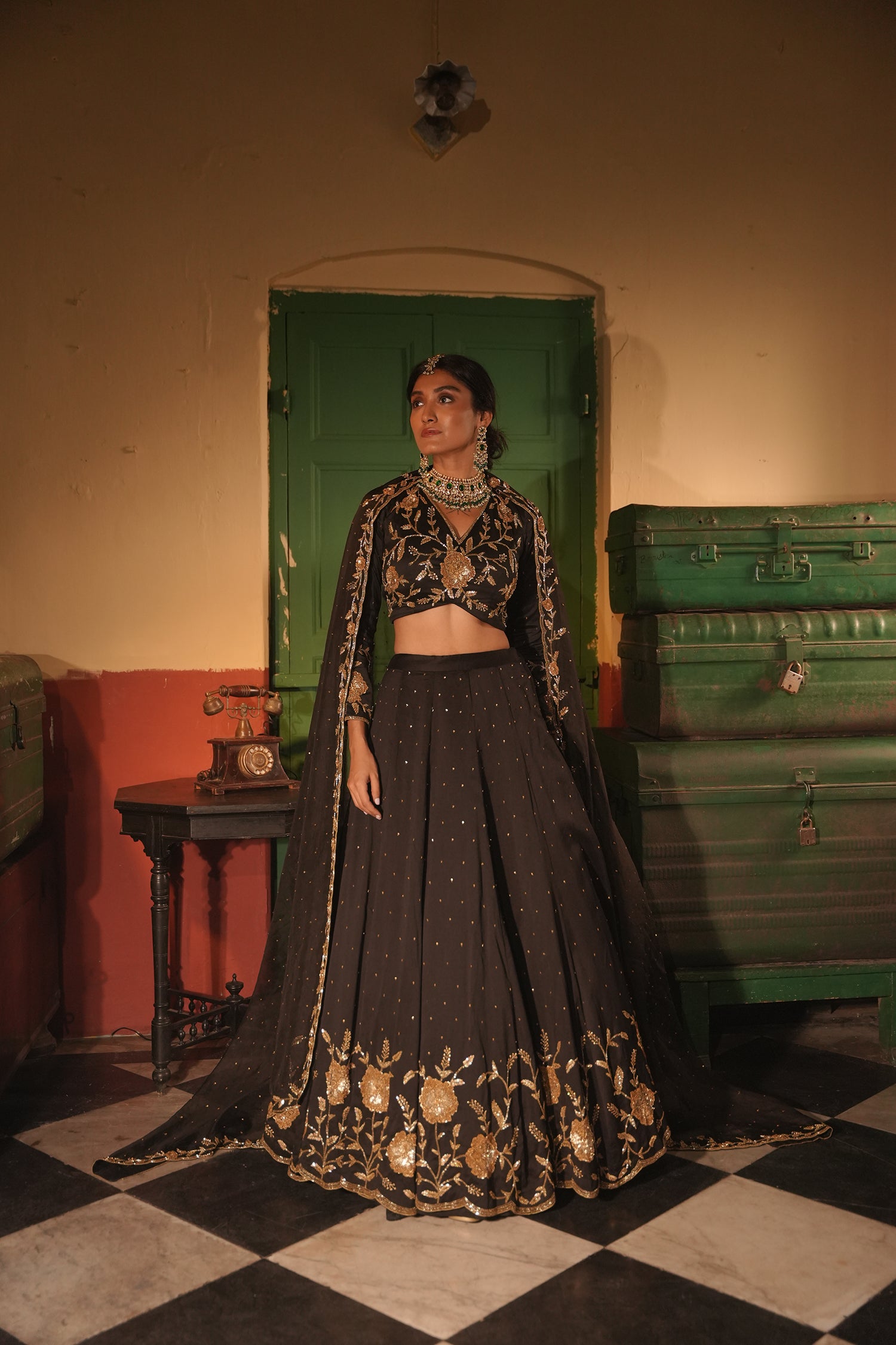 Nafisa Black Silk Chanderi Lehenga Set