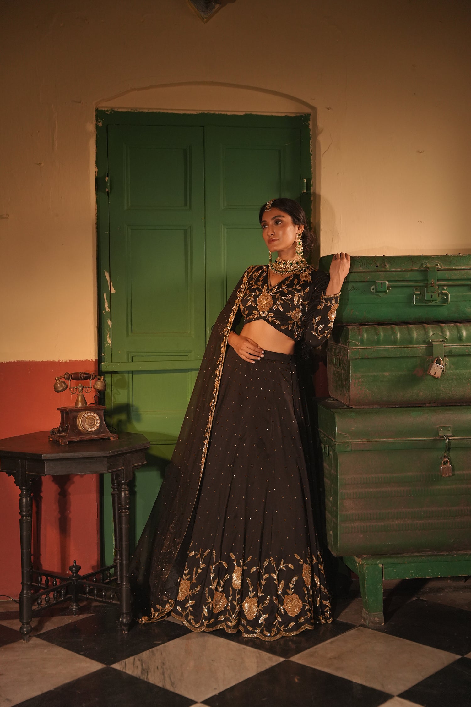 Nafisa Black Silk Chanderi Lehenga Set